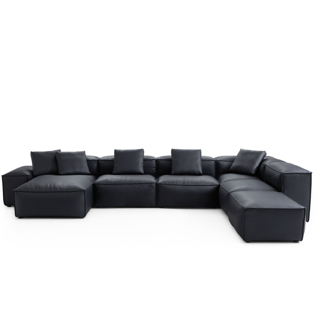 Canapé d'angle modulaire Cube en cuir véritable noir en forme de U avec pouf