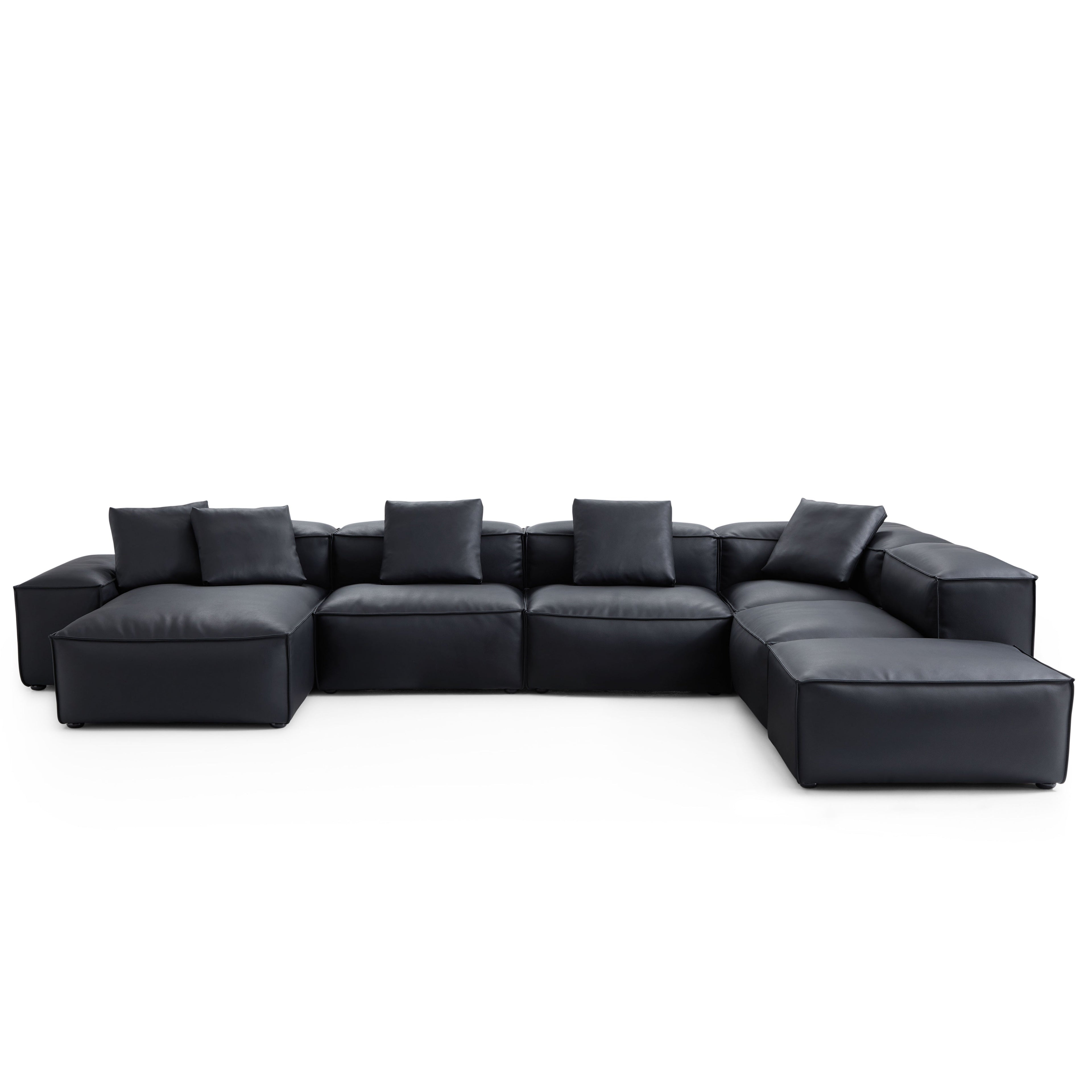 Canapé d'angle modulaire Cube en cuir véritable noir en forme de U avec pouf
