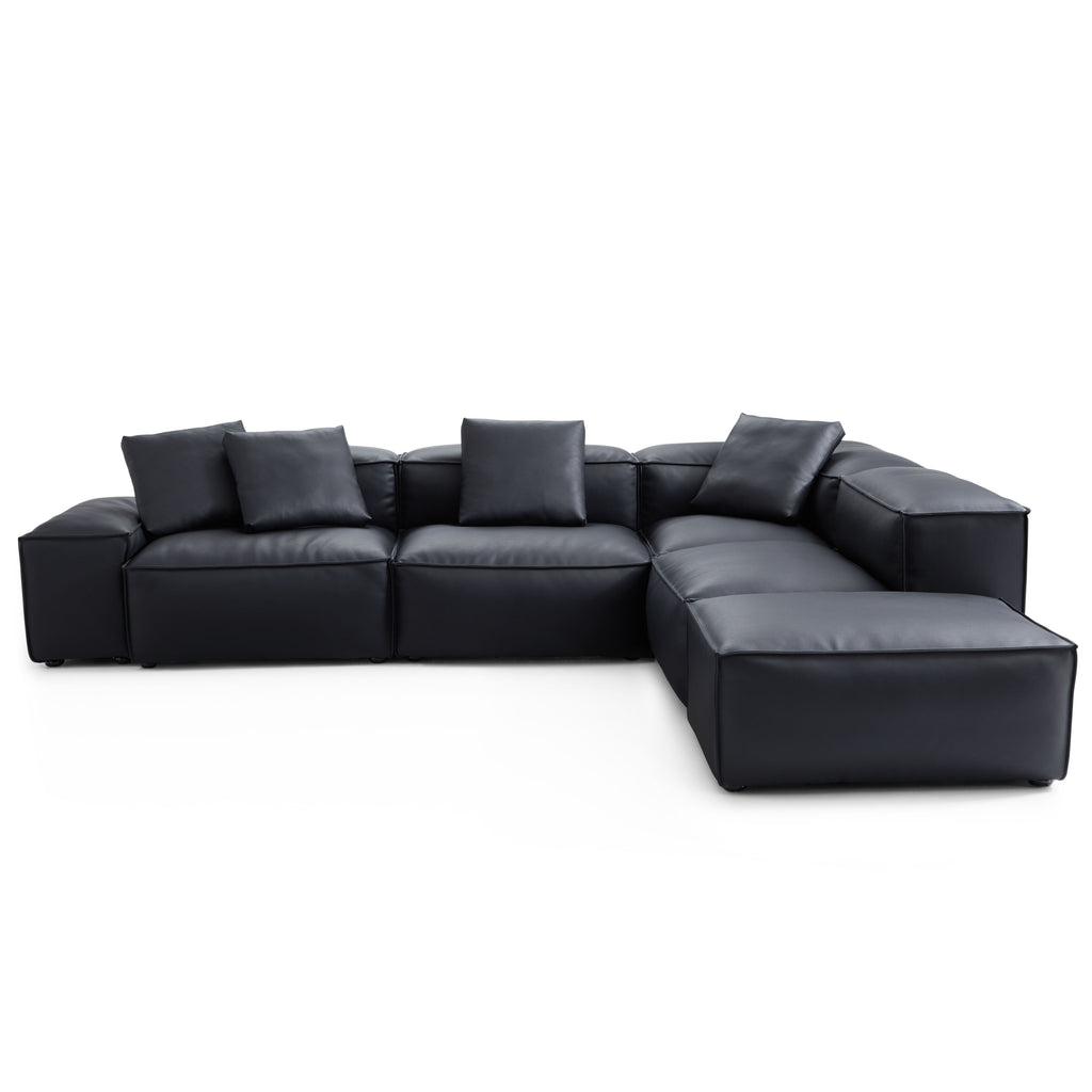 Canapé d'angle modulaire Cube en cuir véritable noir avec pouf