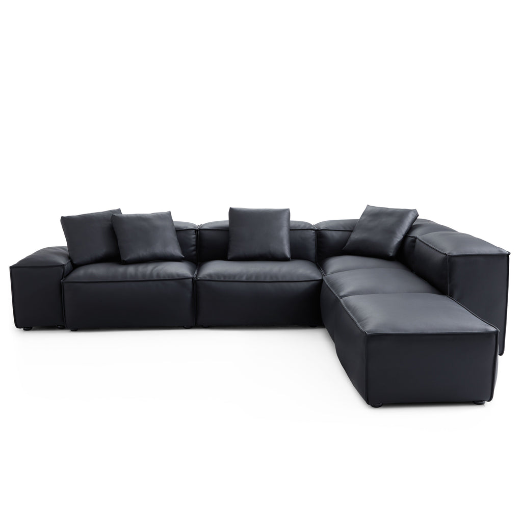 Canapé d'angle modulaire Cube en cuir véritable noir avec pouf