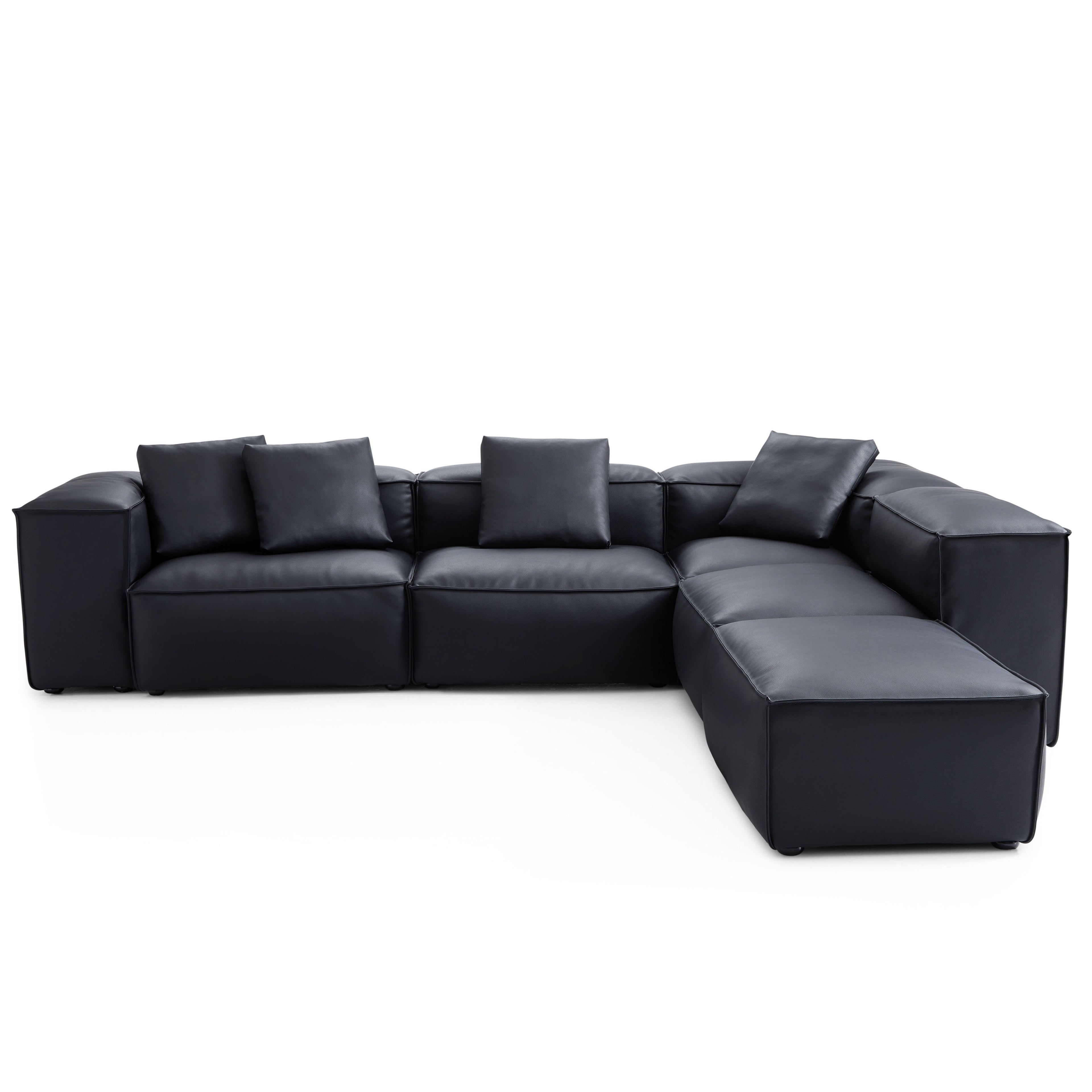 Canapé d'angle modulaire Cube en cuir véritable noir avec pouf