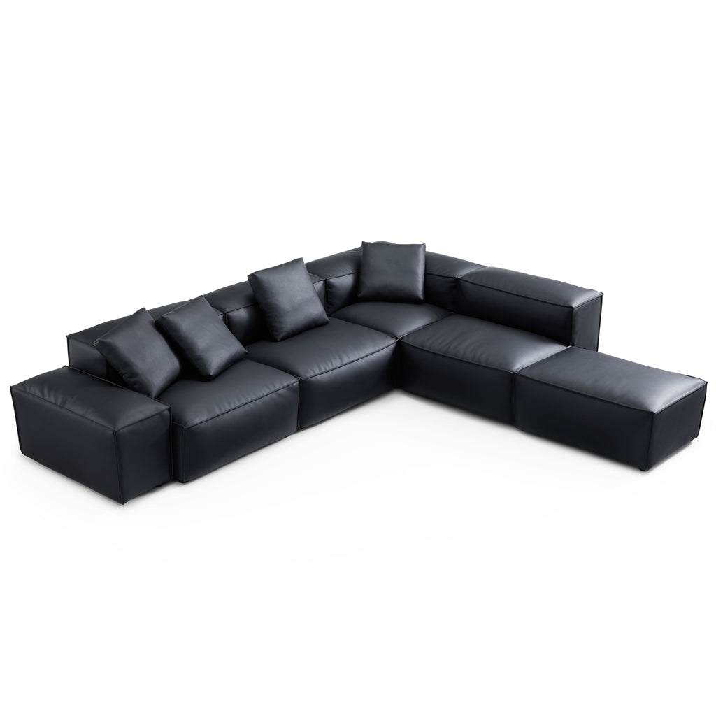 Canapé d'angle modulaire Cube en cuir véritable noir avec pouf