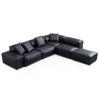 Canapé d'angle modulaire Cube en cuir véritable noir avec pouf