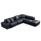 Canapé d'angle modulaire Cube en cuir véritable noir avec pouf