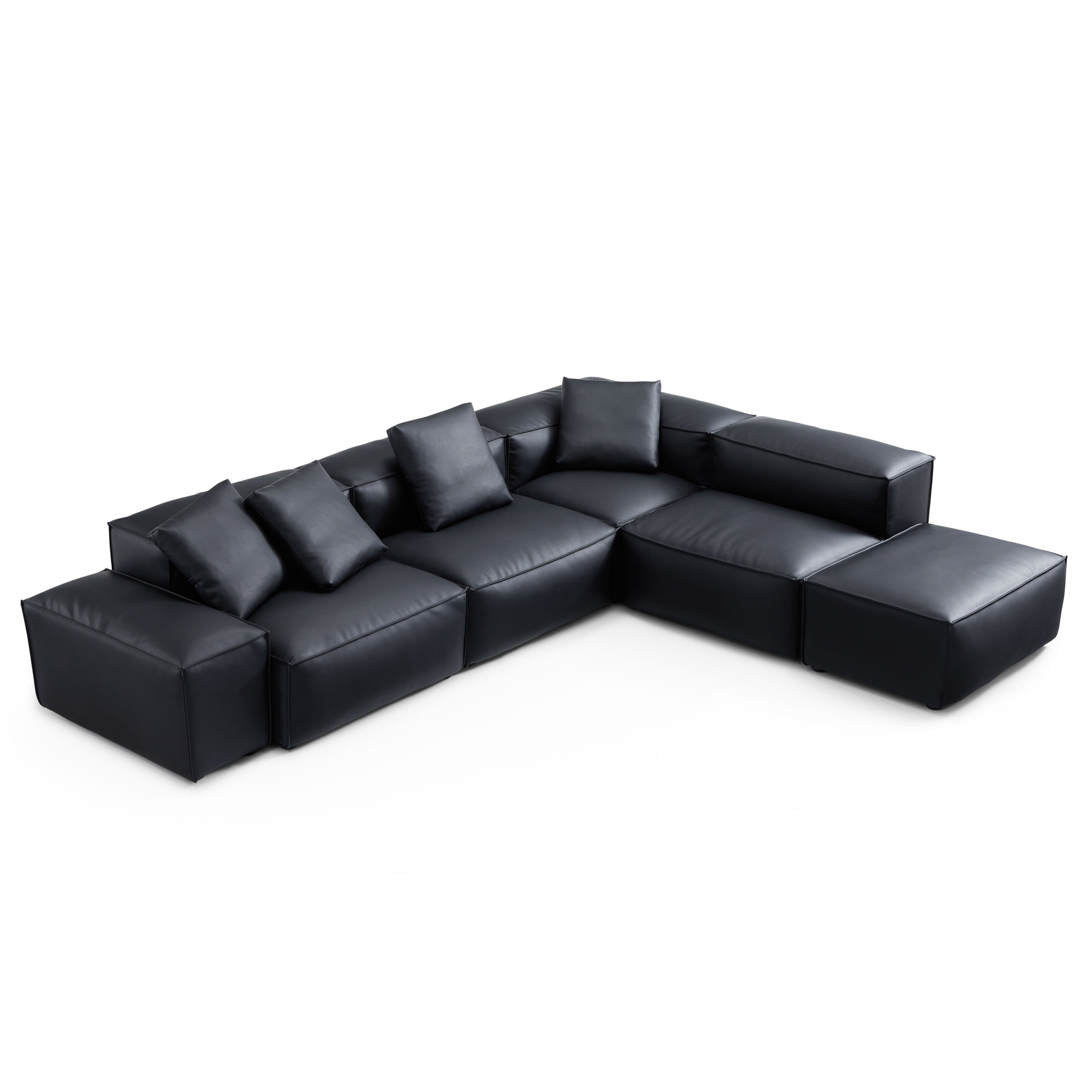 Canapé d'angle modulaire Cube en cuir véritable marron avec pouf