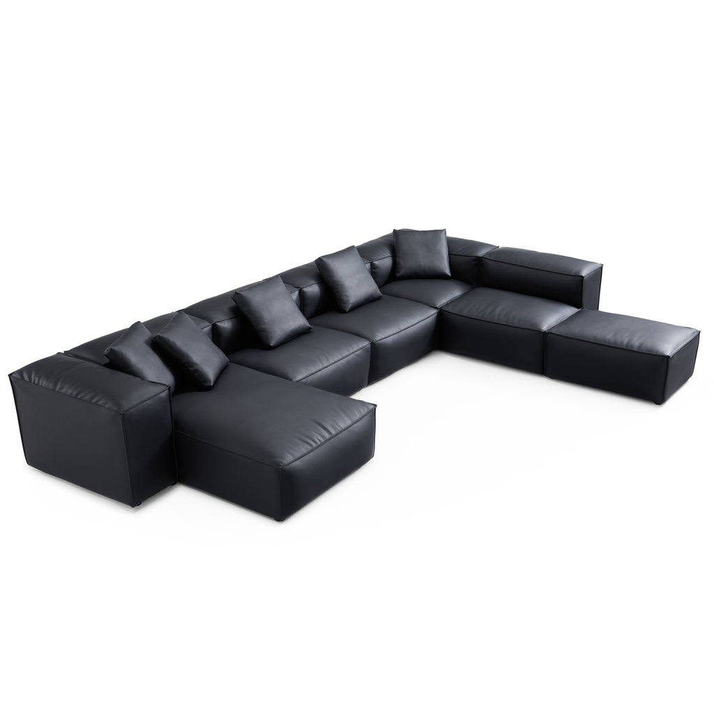 Canapé d'angle modulaire Cube en cuir véritable noir en forme de U avec pouf