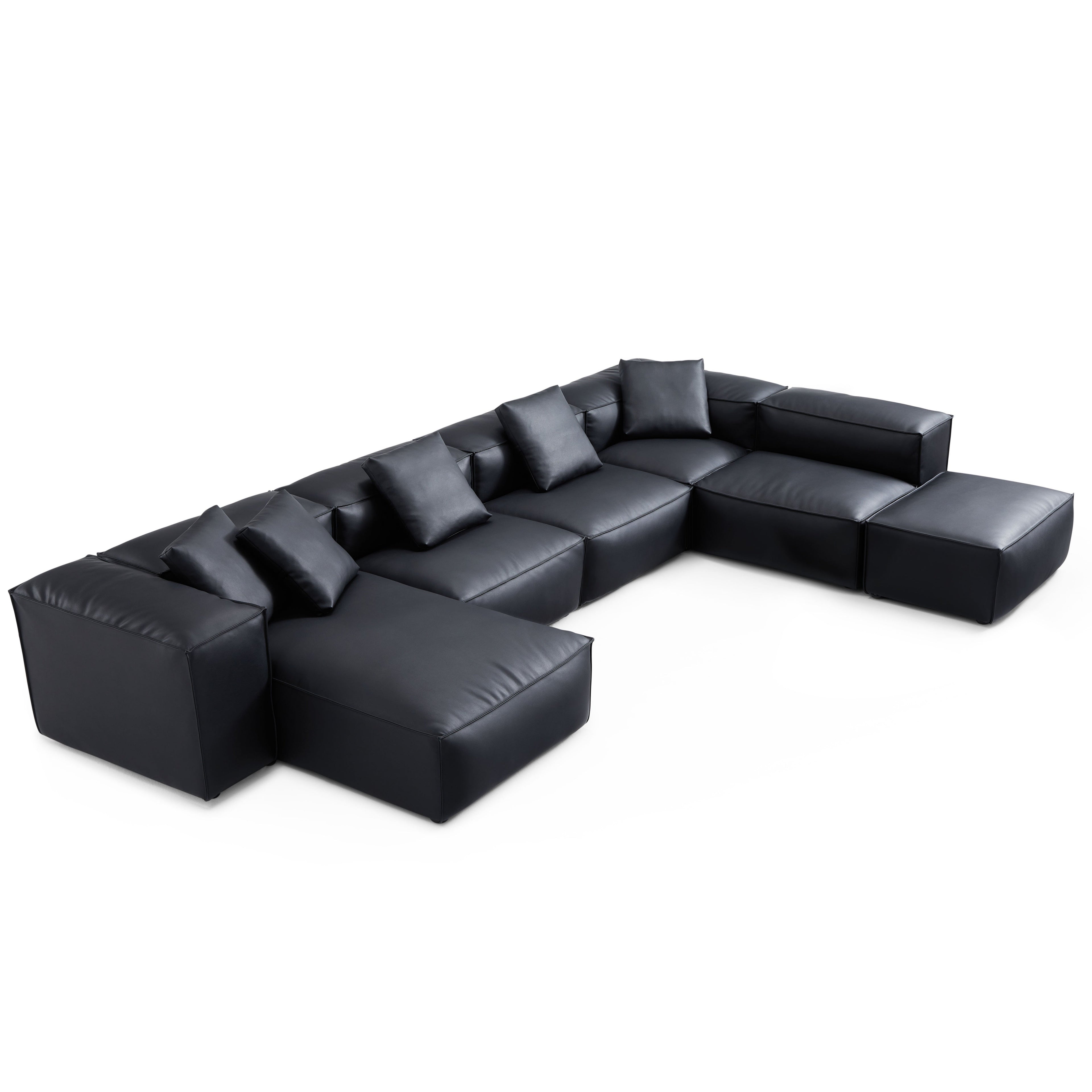 Canapé d'angle modulaire Cube en cuir véritable noir en forme de U avec pouf