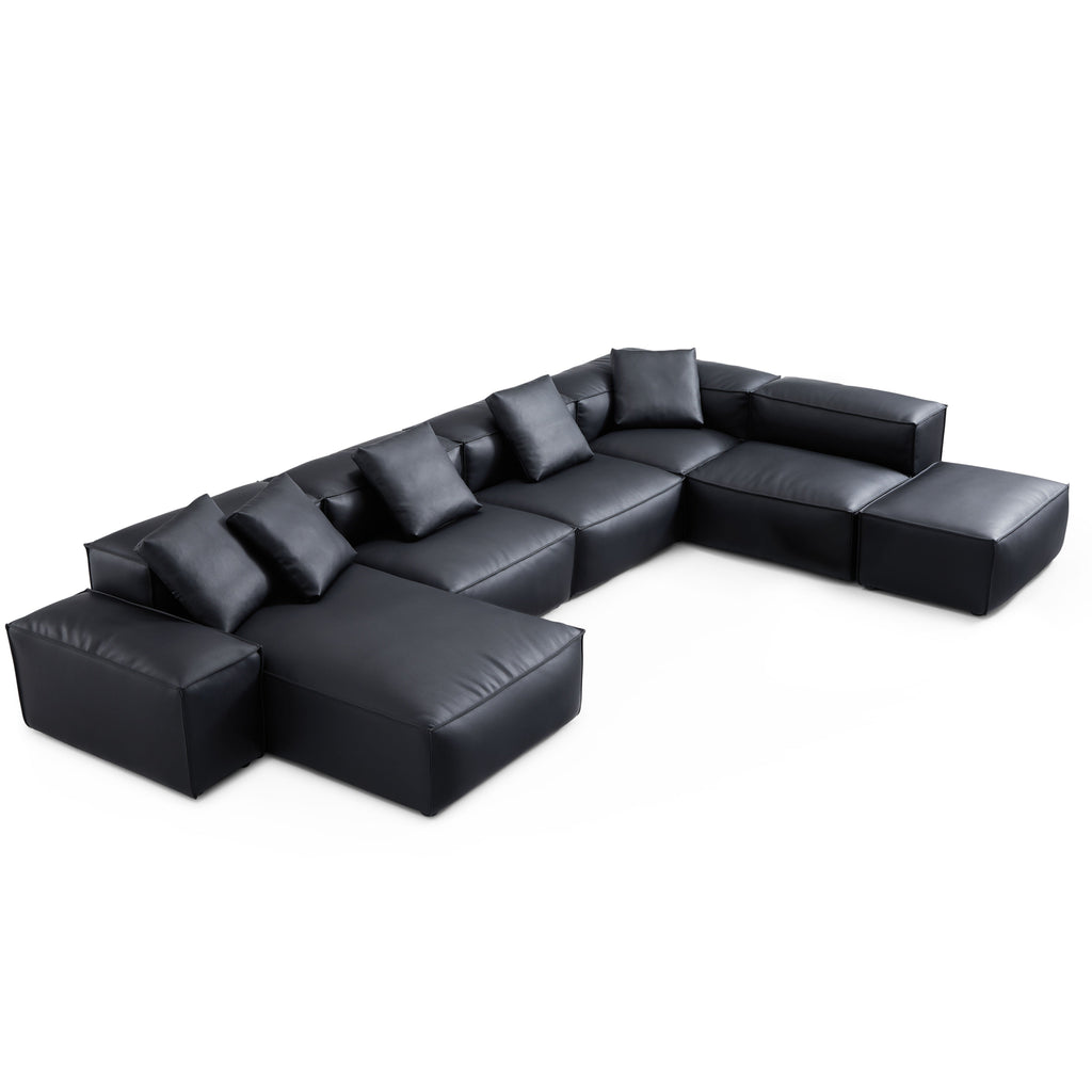 Canapé d'angle modulaire Cube en cuir véritable noir en forme de U avec pouf