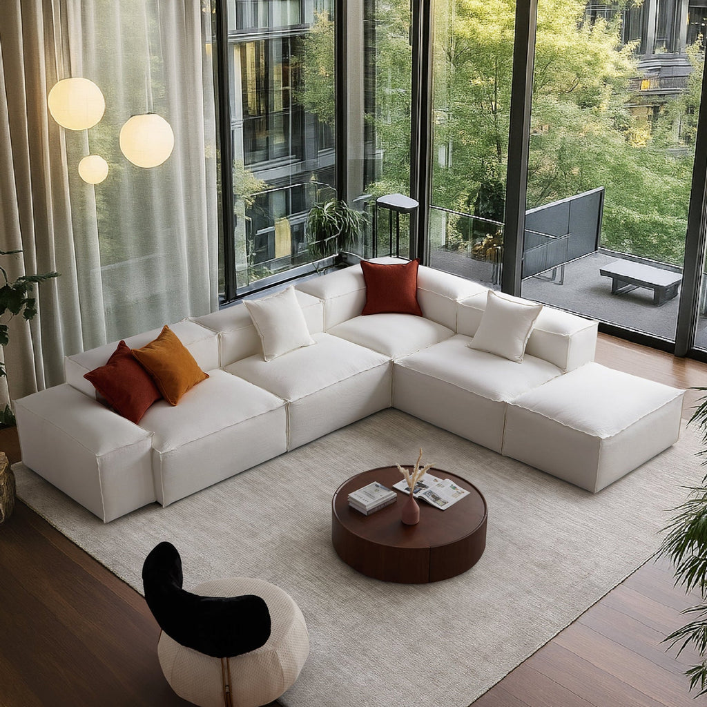 Canapé modulable blanc en L et pouf Freedom