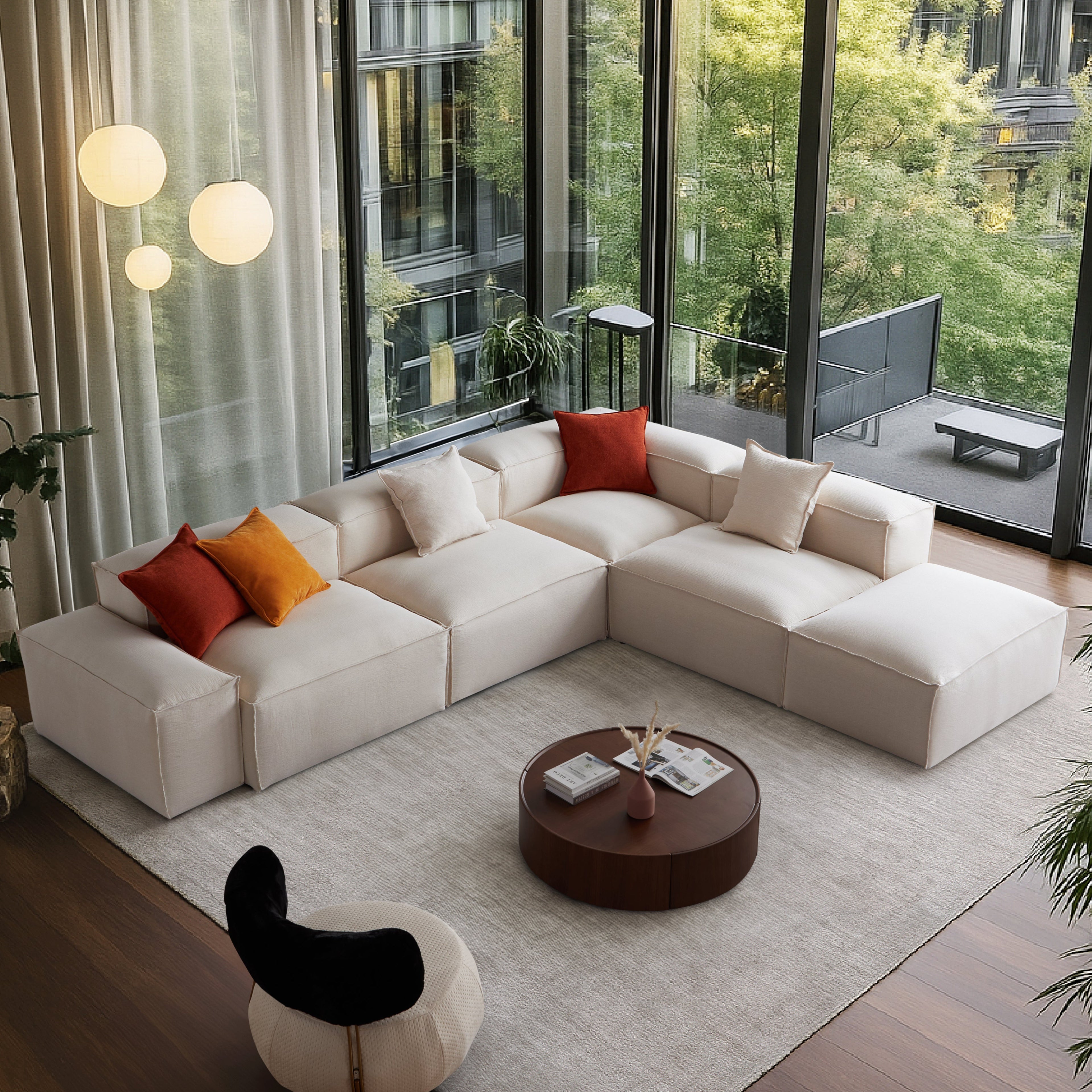 Canapé modulable blanc en L et pouf Freedom