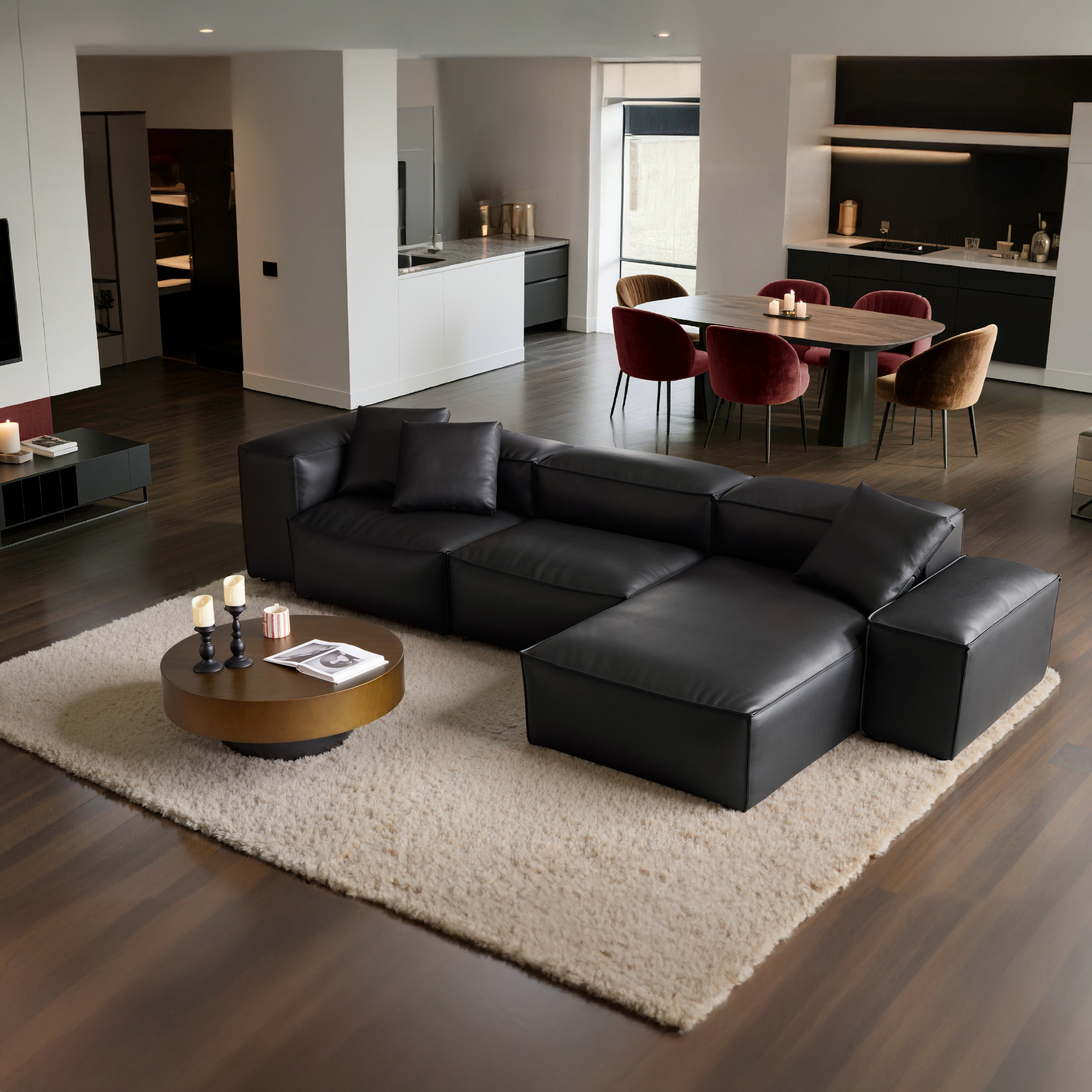 Canapé d'angle modulaire Cube en cuir véritable noir