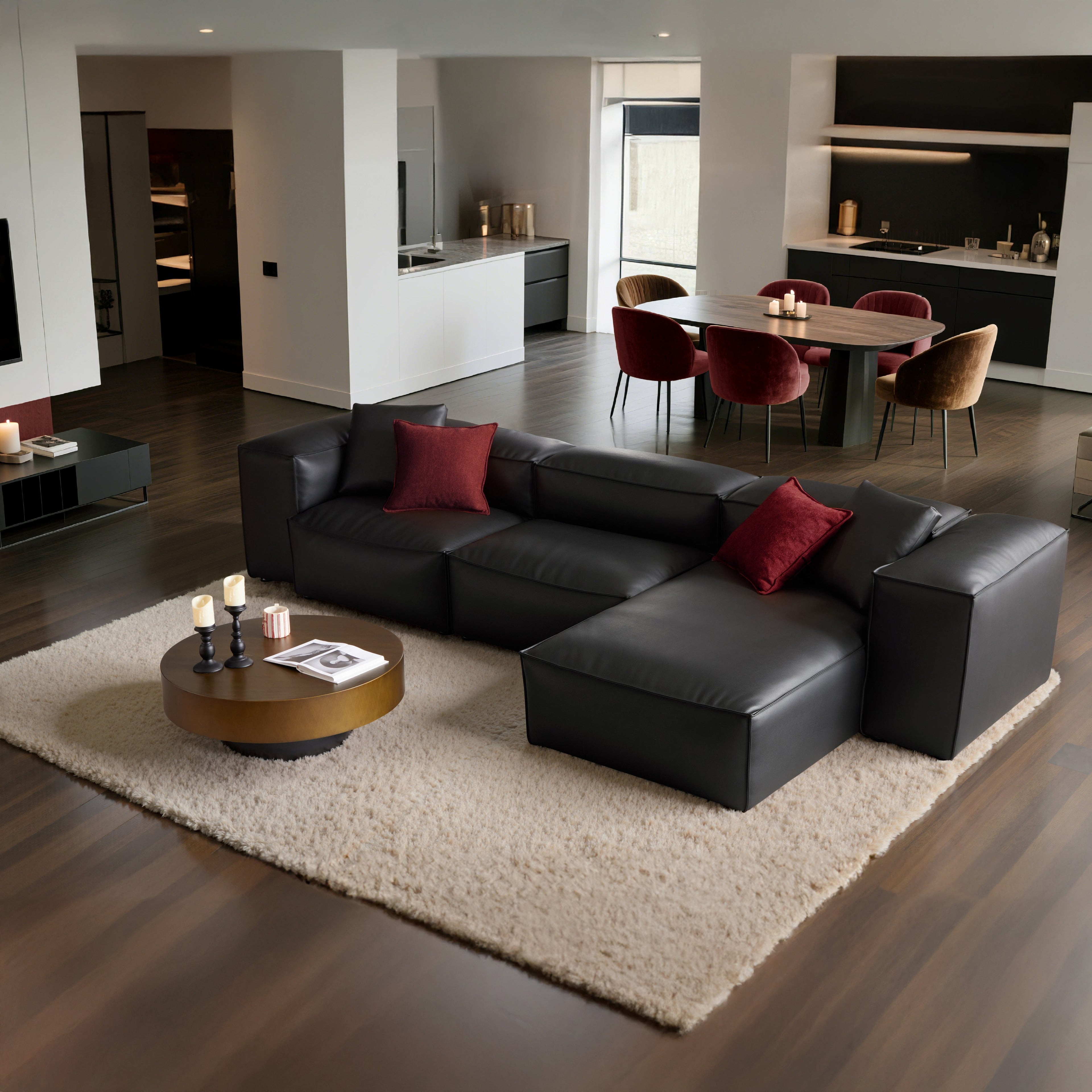 Canapé d'angle modulaire Cube en cuir véritable noir