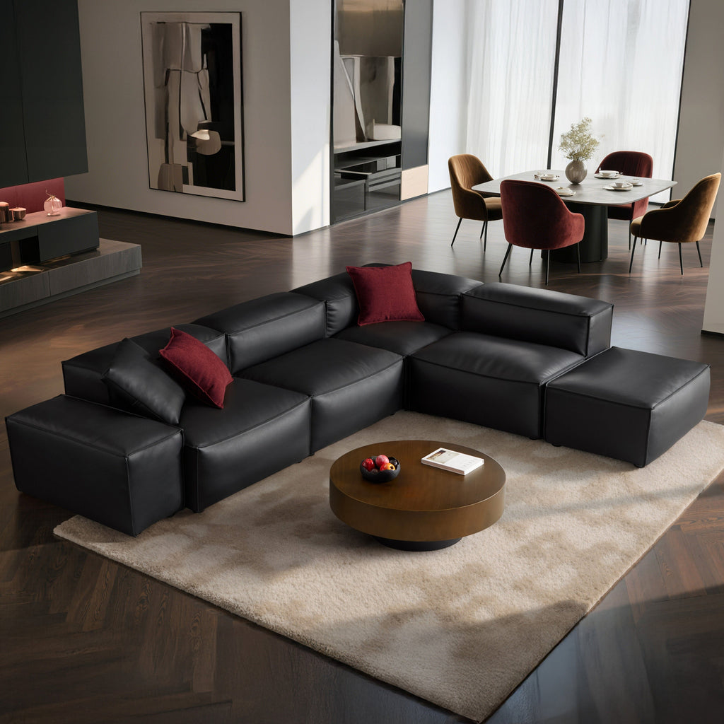 Canapé d'angle modulaire Cube en cuir véritable noir avec pouf