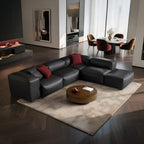 Canapé d'angle modulaire Cube en cuir véritable noir avec pouf