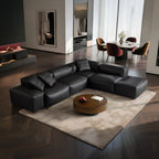 Canapé d'angle modulaire Cube en cuir véritable noir avec pouf