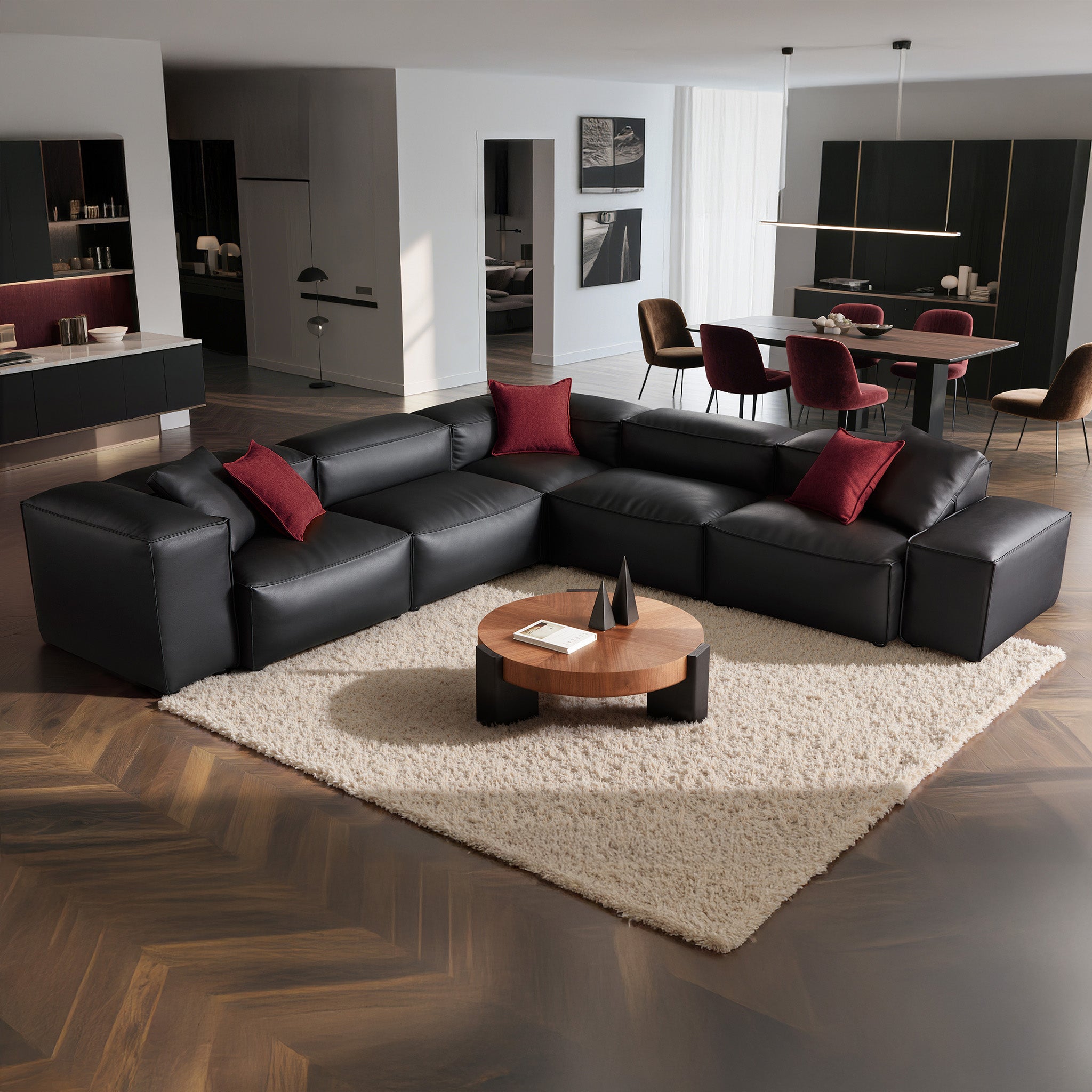 Canapé d'angle modulaire Cube en cuir véritable noir