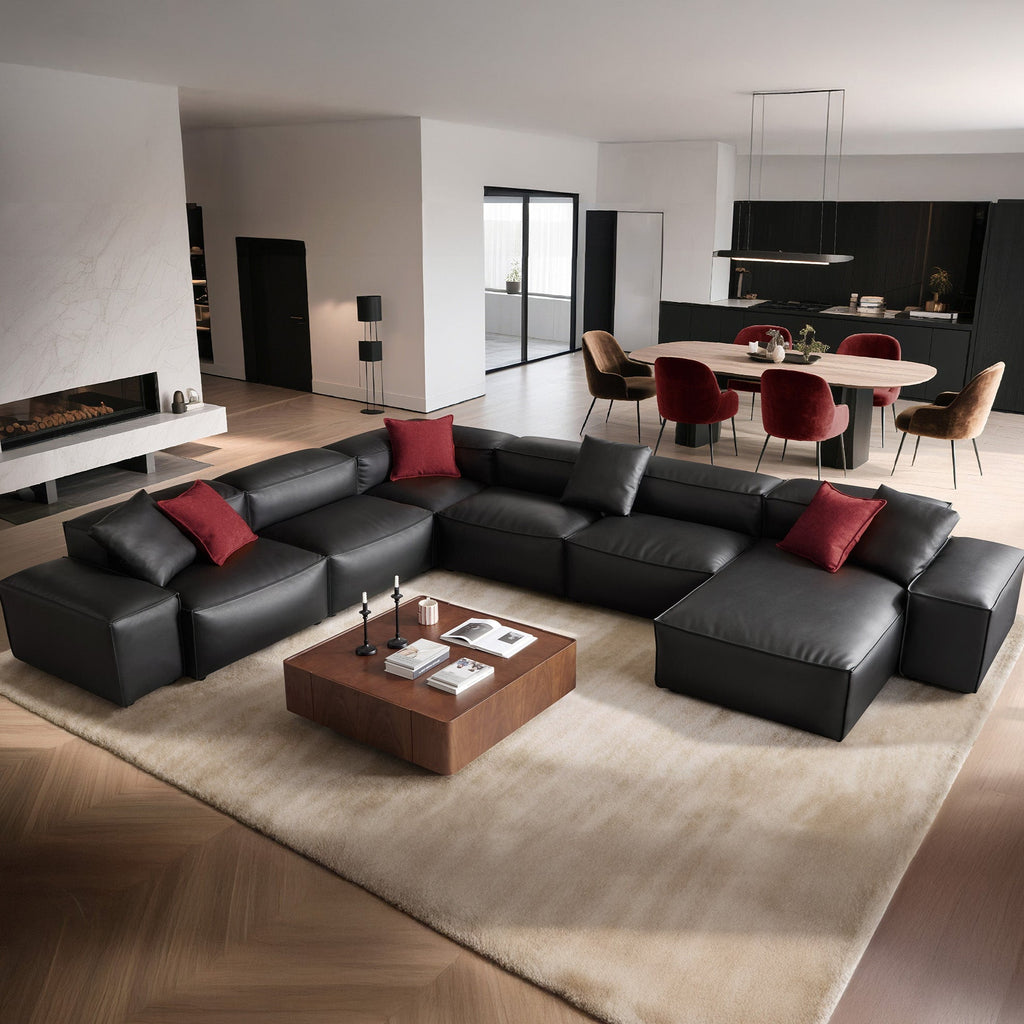 Canapé d'angle modulaire en U en cuir véritable noir Cube