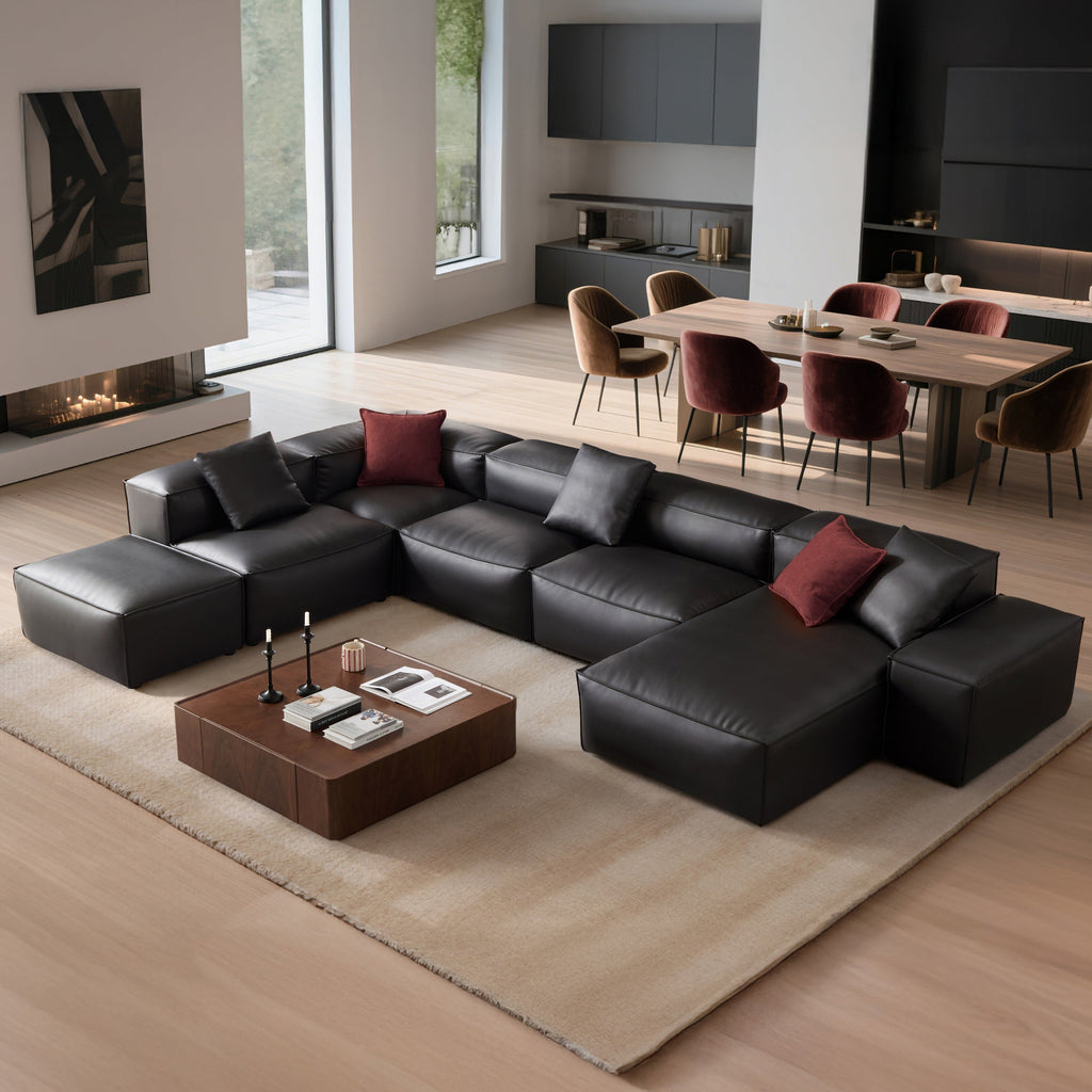 Canapé d'angle modulaire Cube en cuir véritable noir en forme de U avec pouf