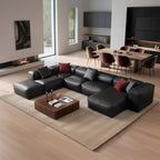 Canapé d'angle modulaire Cube en cuir véritable noir en forme de U avec pouf