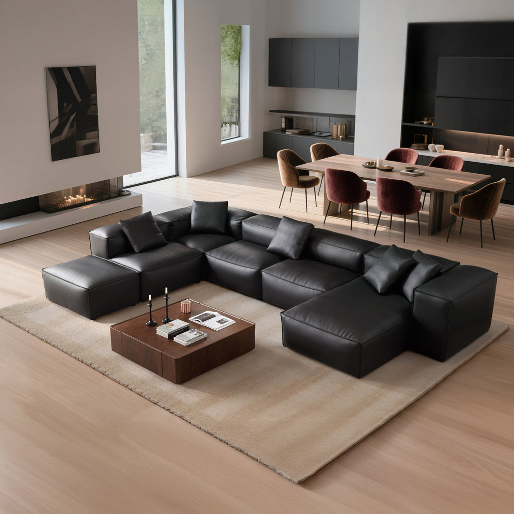 Canapé d'angle modulaire Cube en cuir véritable noir en forme de U avec pouf