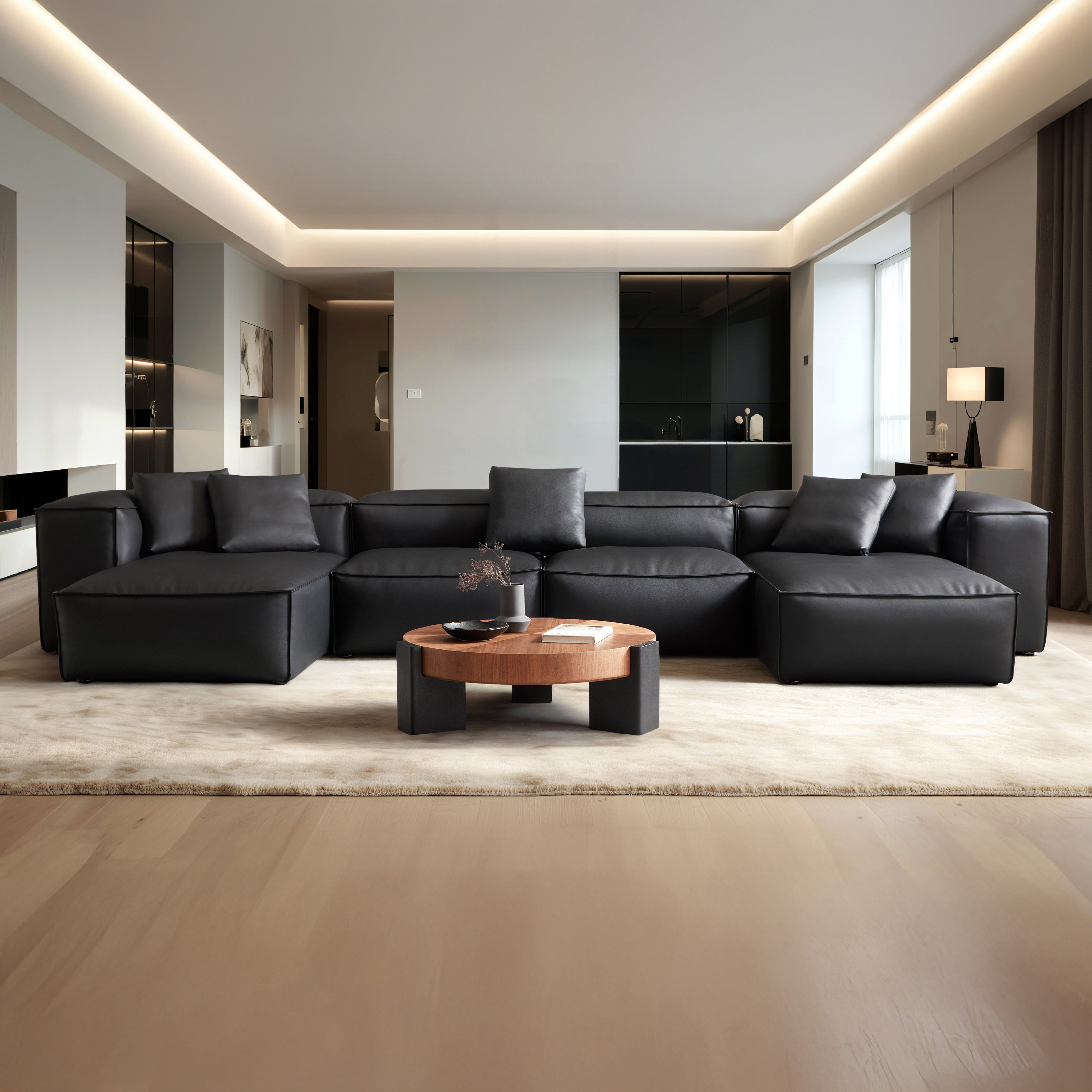 Canapé d'angle double modulaire Cube en cuir véritable noir