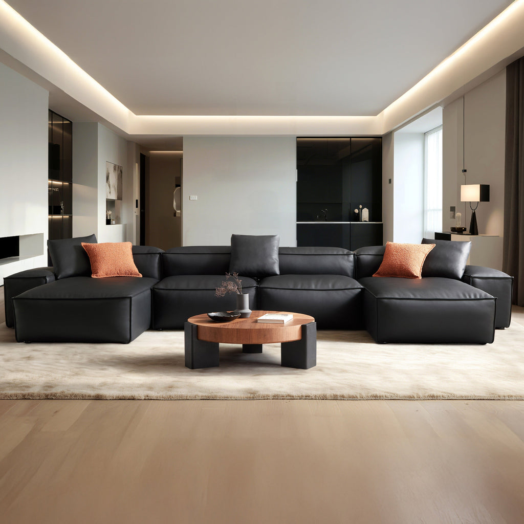 Canapé d'angle double modulaire Cube en cuir véritable noir