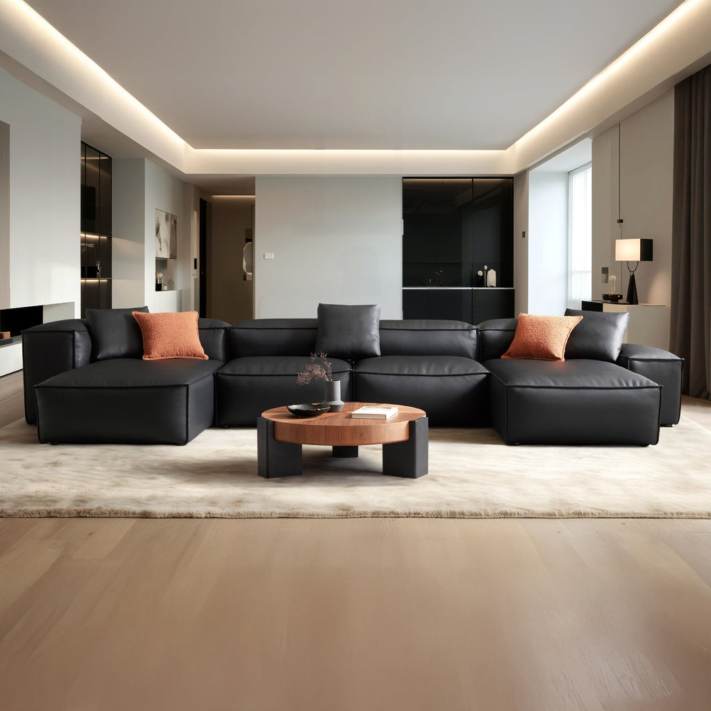 Canapé d'angle double modulaire Cube en cuir véritable noir