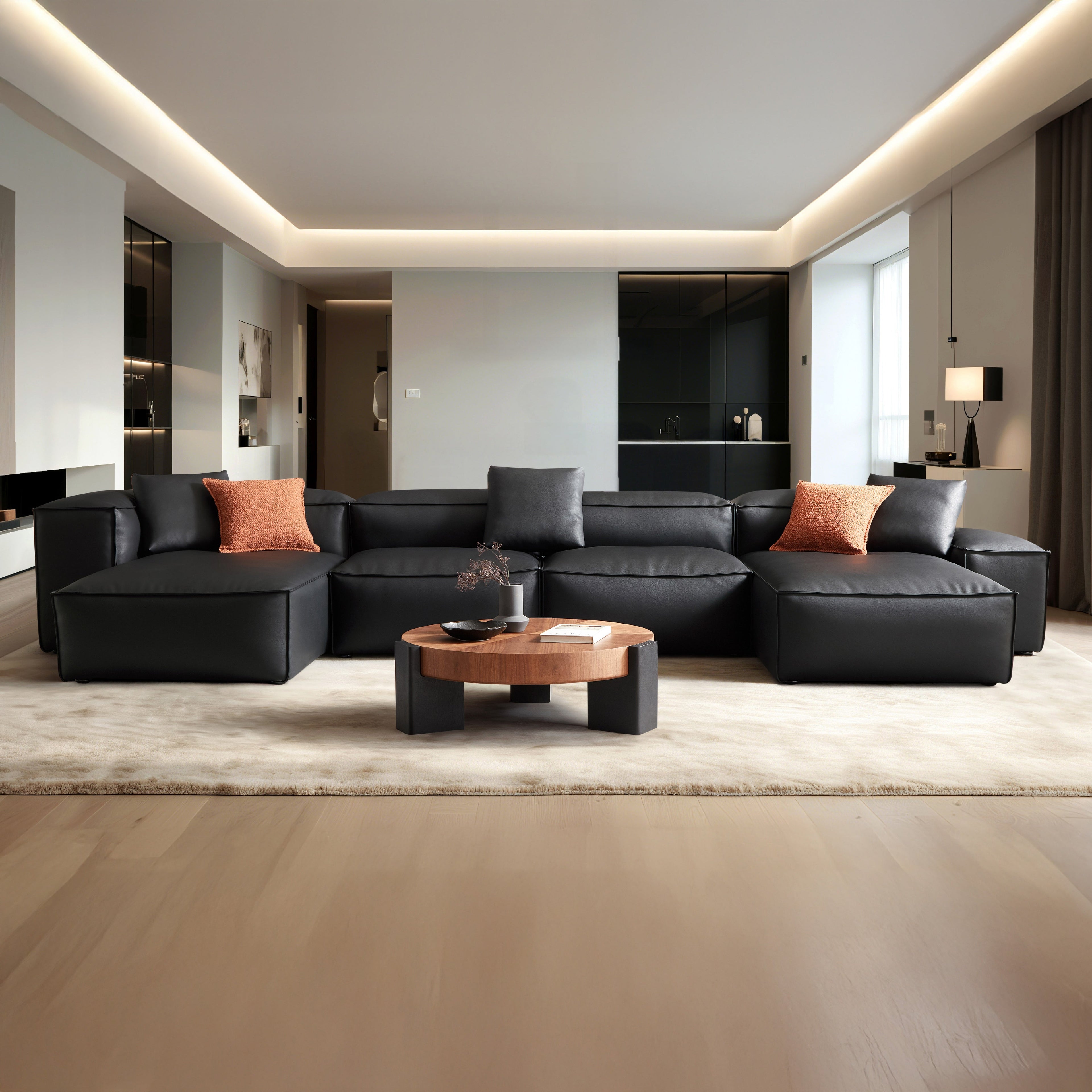 Canapé d'angle double modulaire Cube en cuir véritable noir