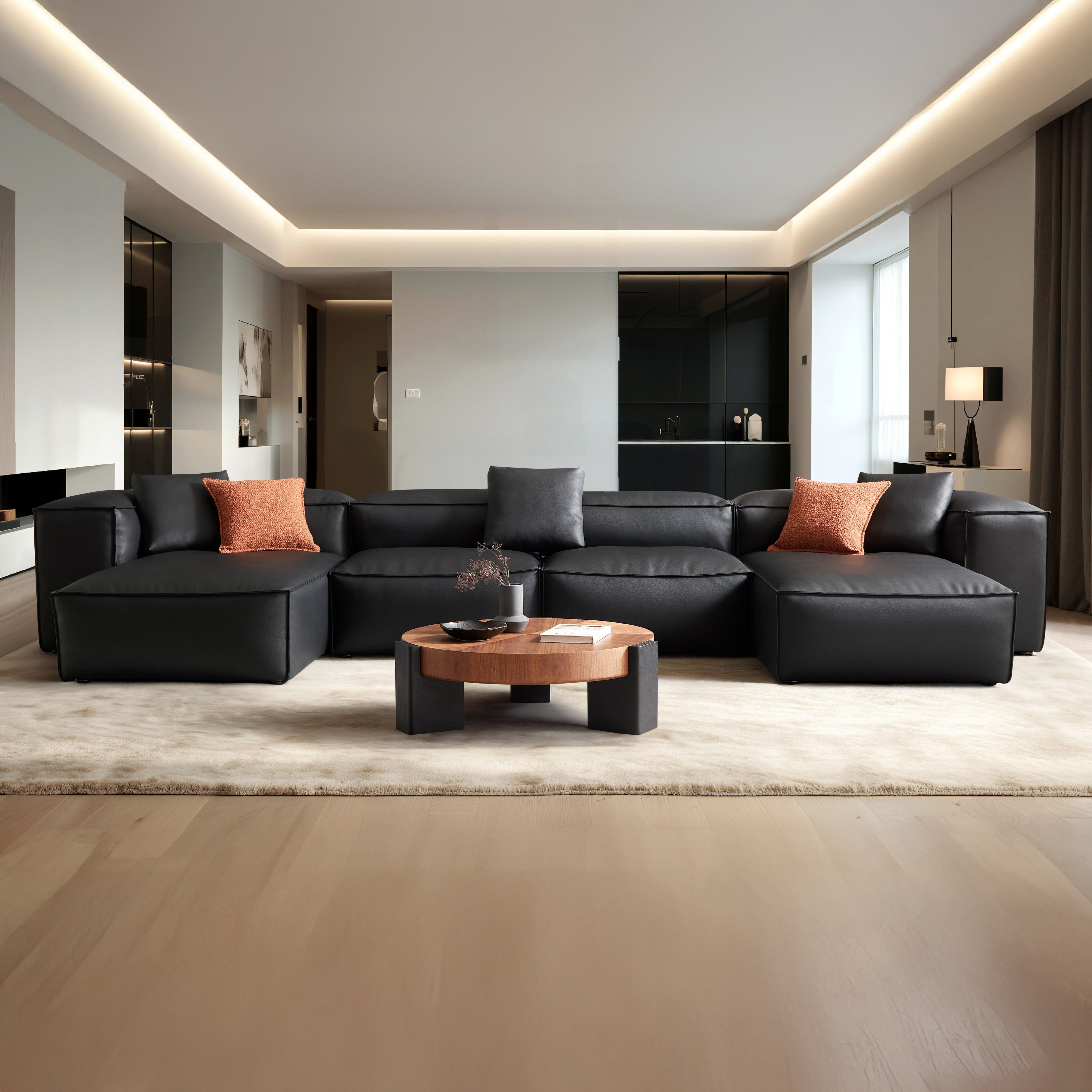 Canapé d'angle double modulaire Cube en cuir véritable noir