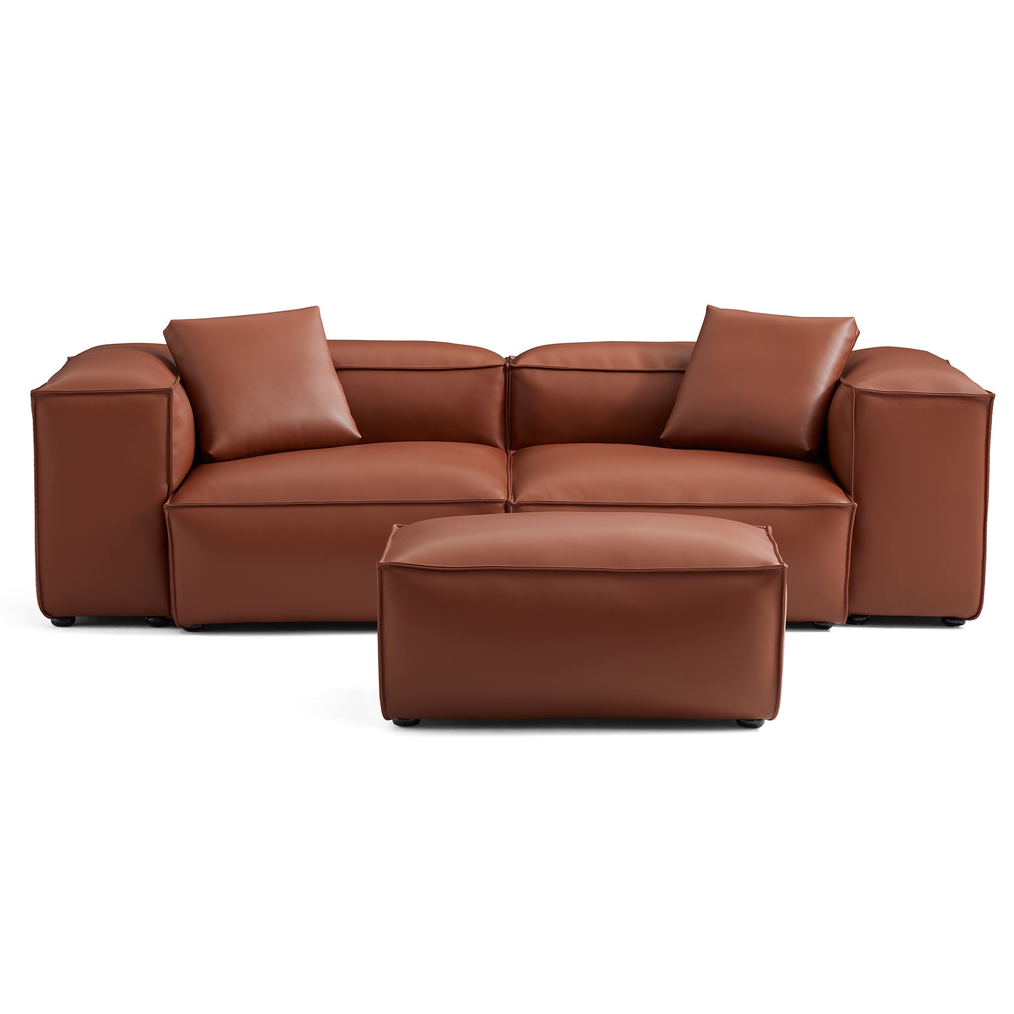 Canapé modulaire Cube en cuir véritable marron avec pouf