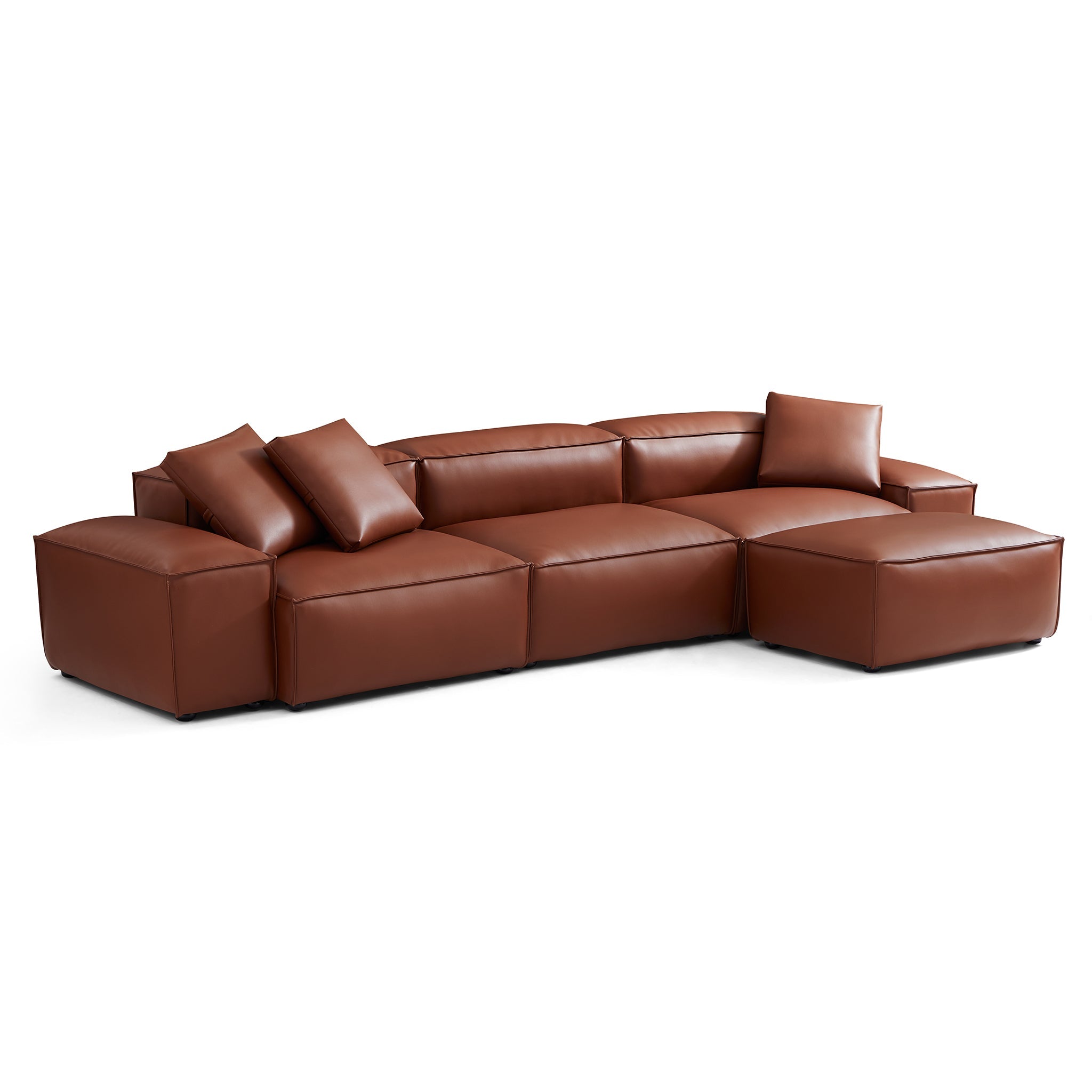 Canapé modulaire Cube en cuir véritable marron avec pouf