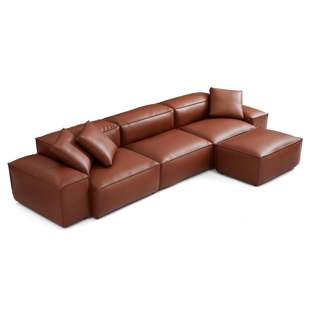Canapé modulaire Cube en cuir véritable marron avec pouf