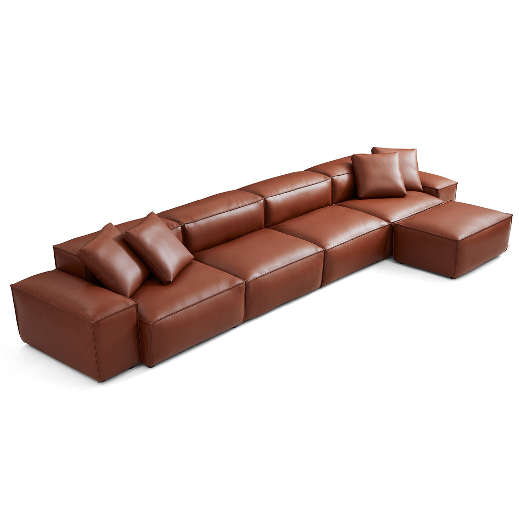 Canapé modulaire Cube en cuir véritable marron avec pouf