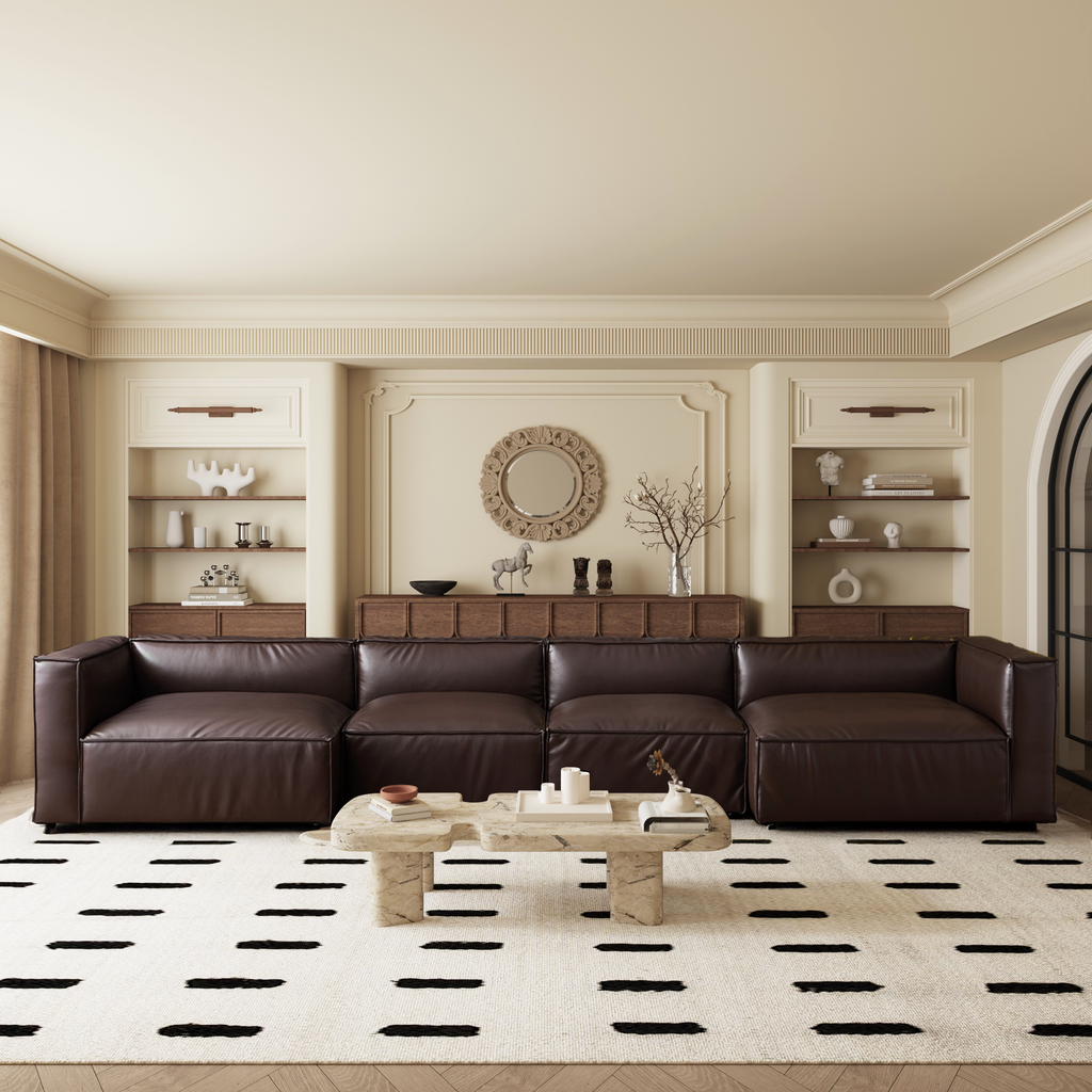 Canapé d'angle en U de luxe minimaliste en cuir marron foncé