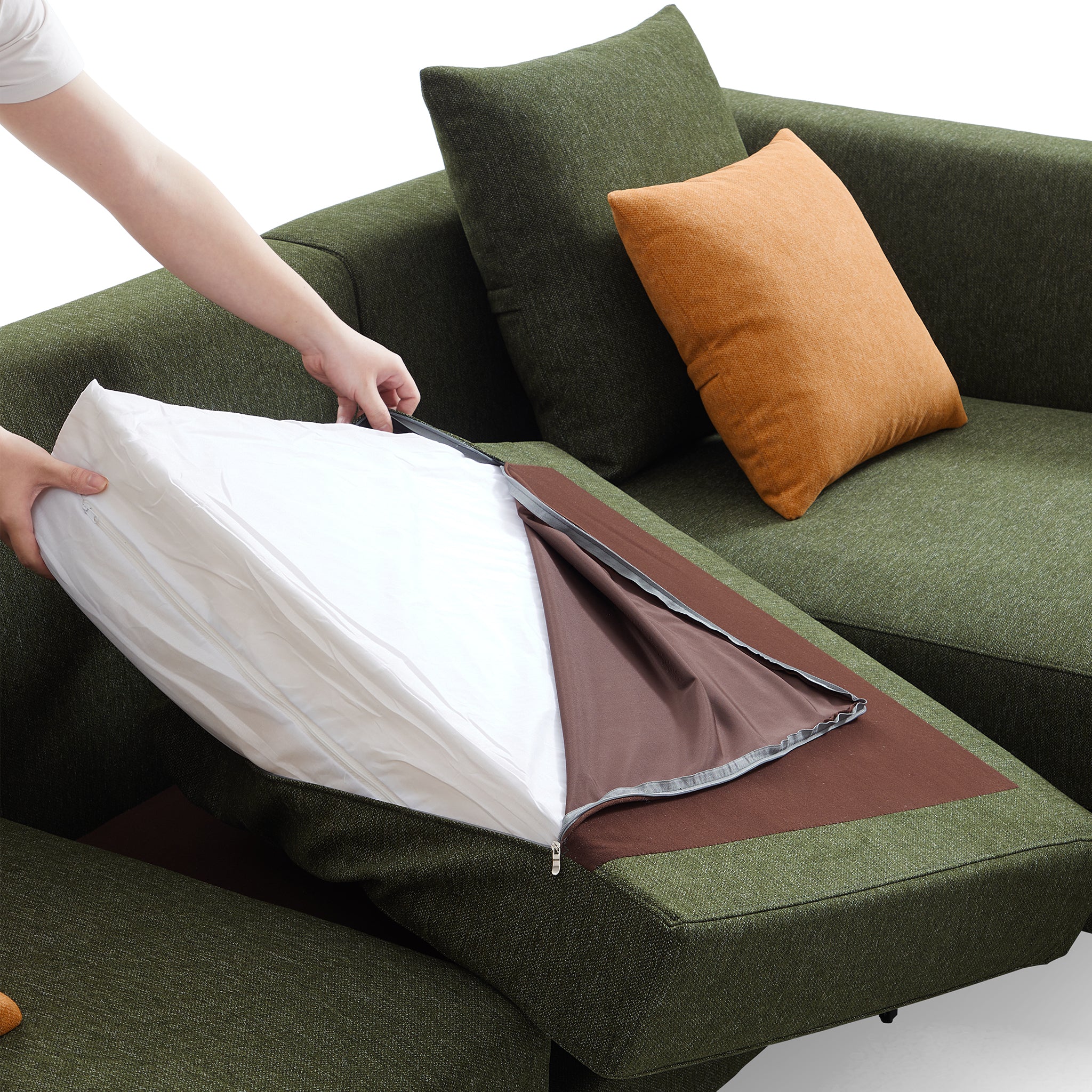 Canapé sectionnel en tissu vert Jungle en forme de L avec méridienne