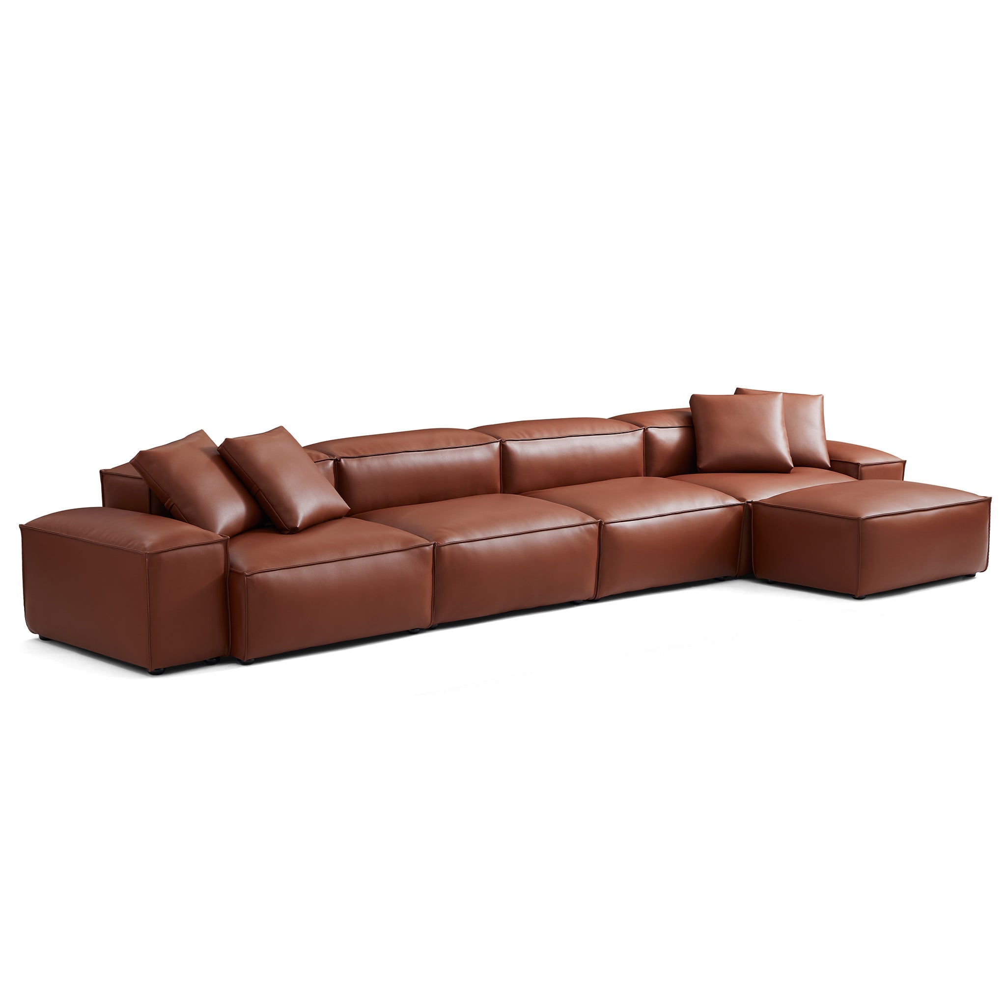 Canapé modulaire Cube en cuir véritable marron avec pouf