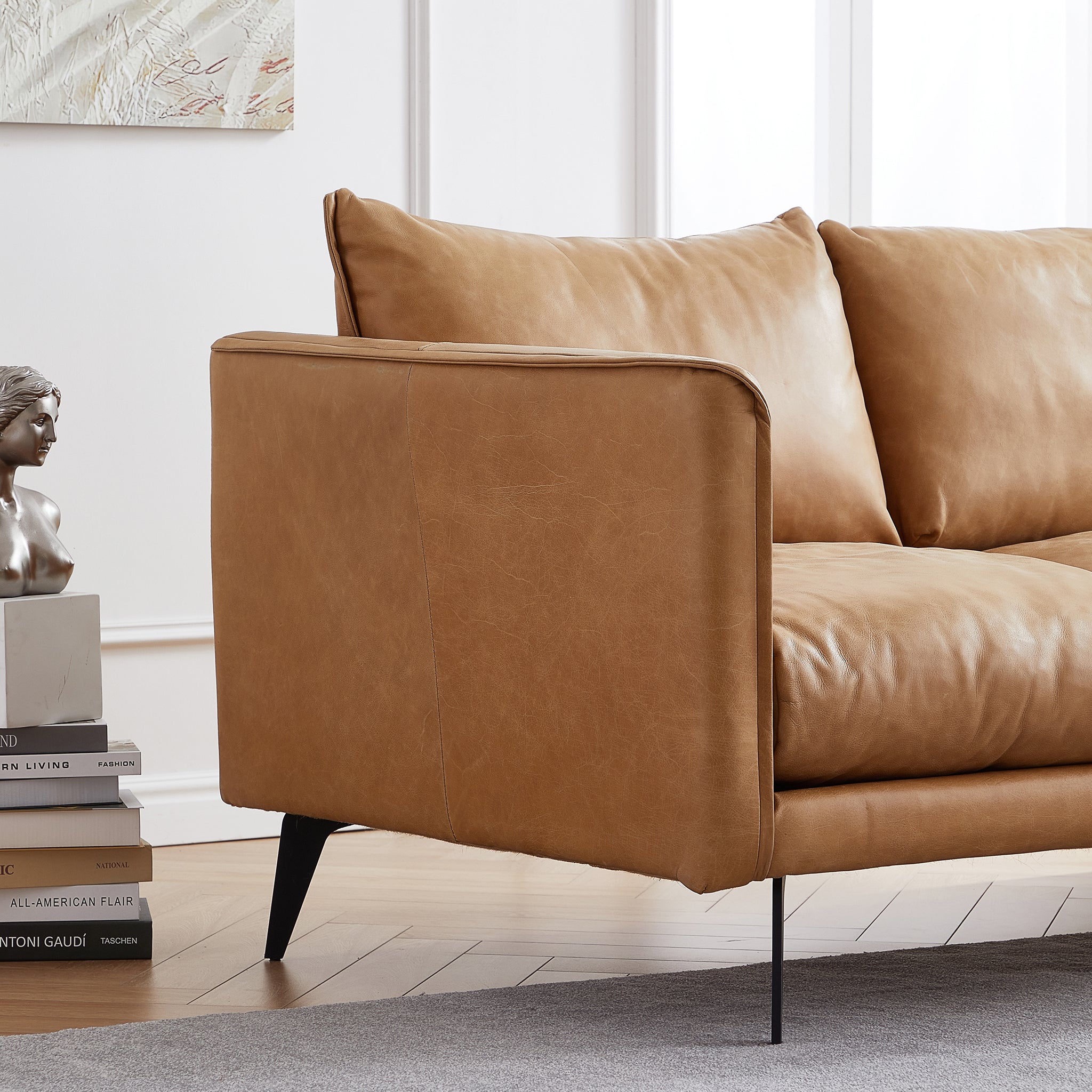 Canapé à dossier droit en cuir véritable couleur cognac
