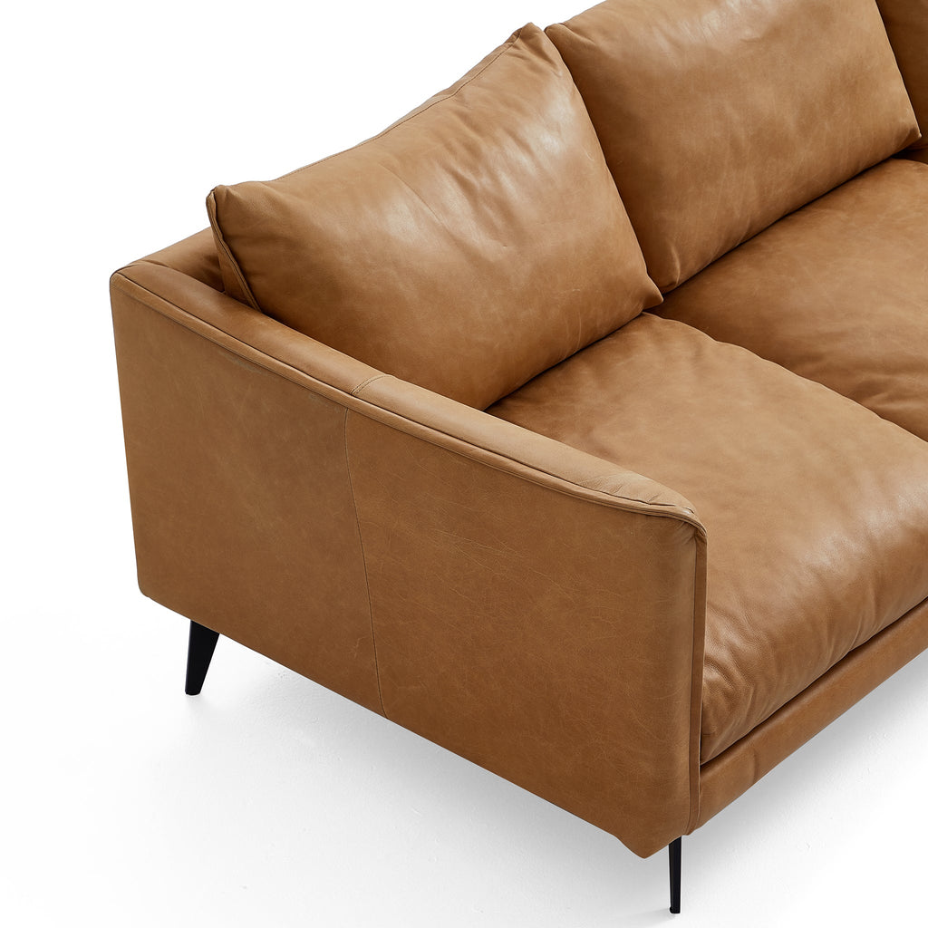 Canapé à dossier droit en cuir véritable couleur cognac