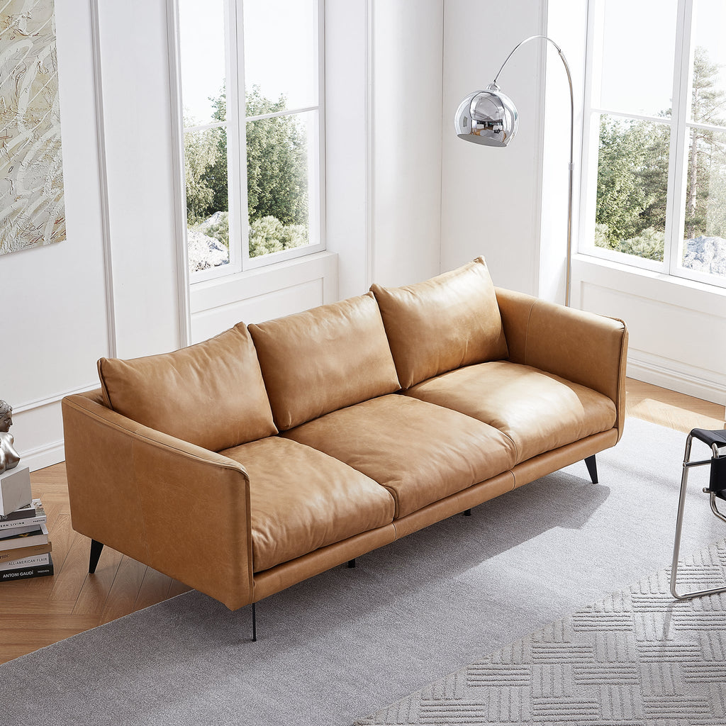 Canapé à dossier droit en cuir véritable couleur cognac