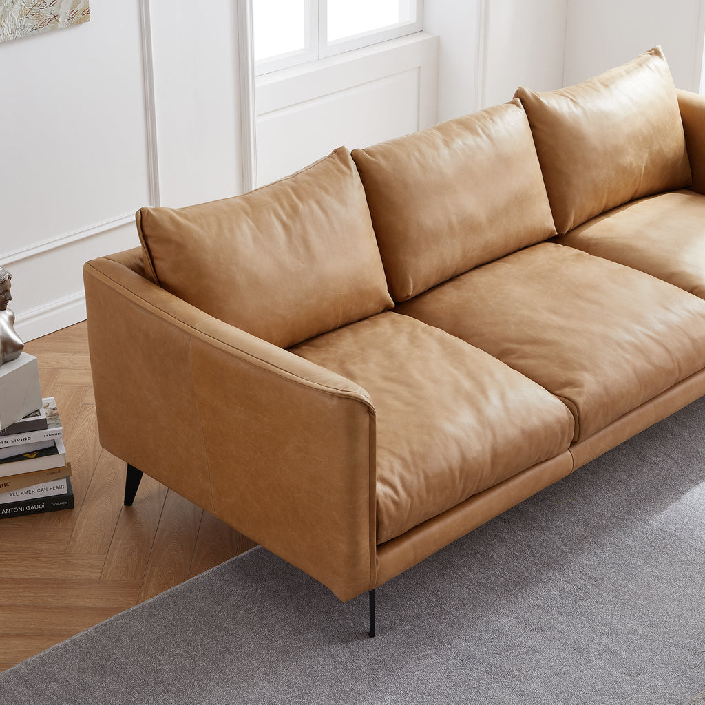 Canapé à dossier droit en cuir véritable couleur cognac