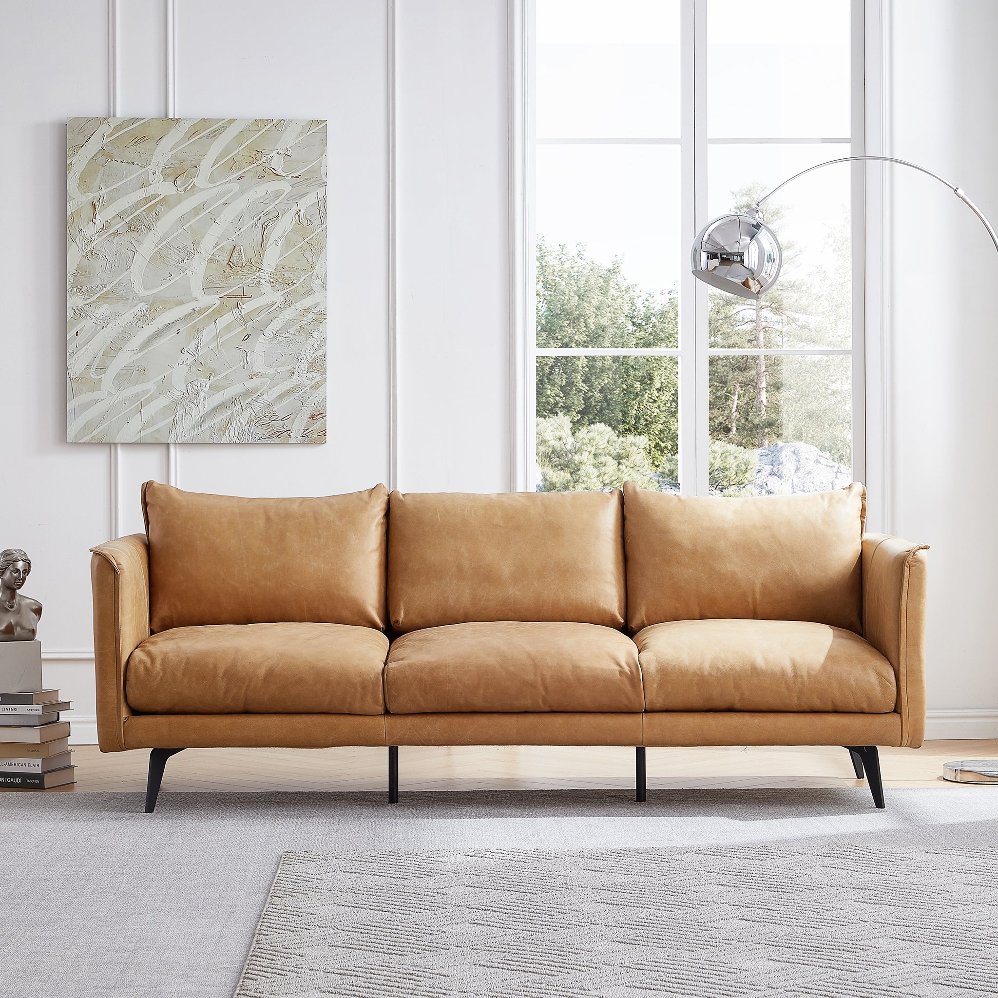 Canapé à dossier droit en cuir véritable couleur cognac