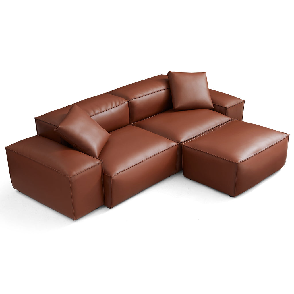 Canapé modulaire Cube en cuir véritable marron avec pouf