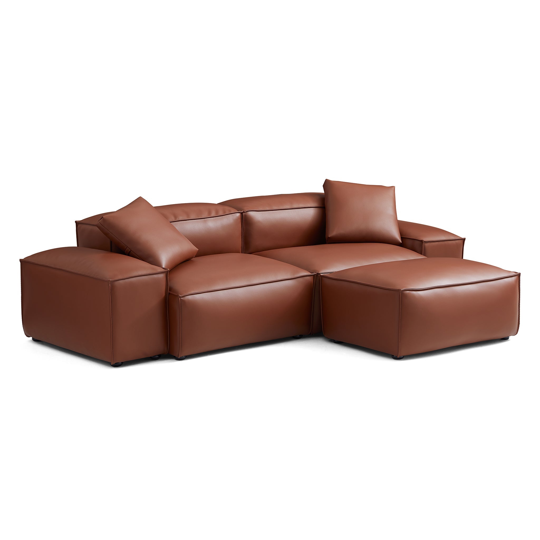 Canapé modulaire Cube en cuir véritable marron avec pouf