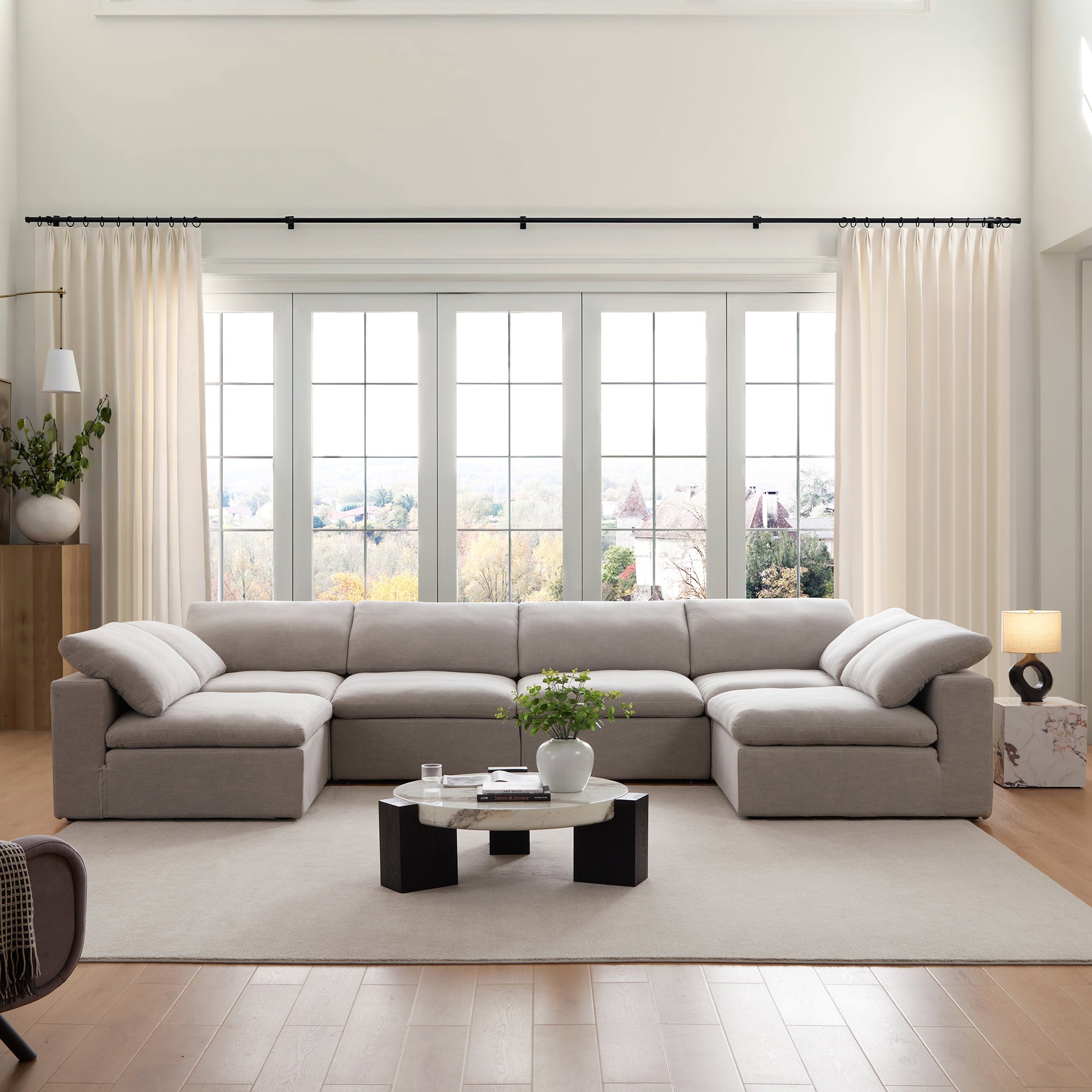 Canapé d'angle en U gris tendre Wabi-Sabi avec extrémités ouvertes