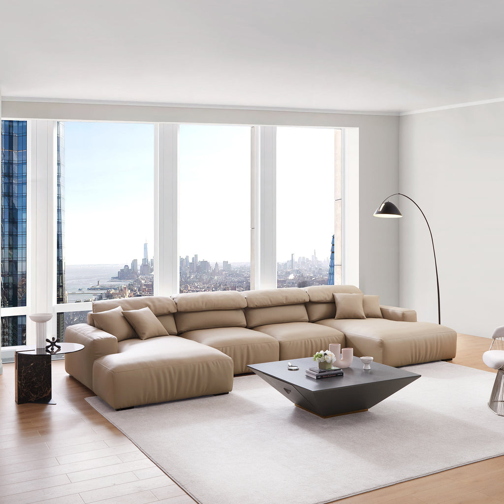 Canapé sectionnel double en cuir marron kaki