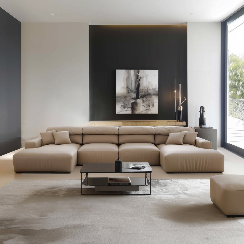 Canapé sectionnel double en cuir marron kaki