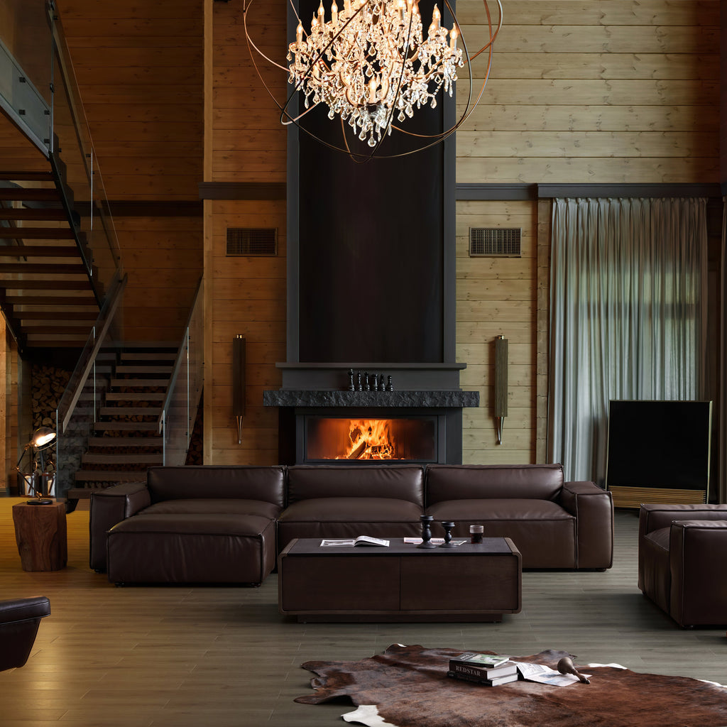 Canapé et pouf de luxe minimalistes en cuir marron foncé