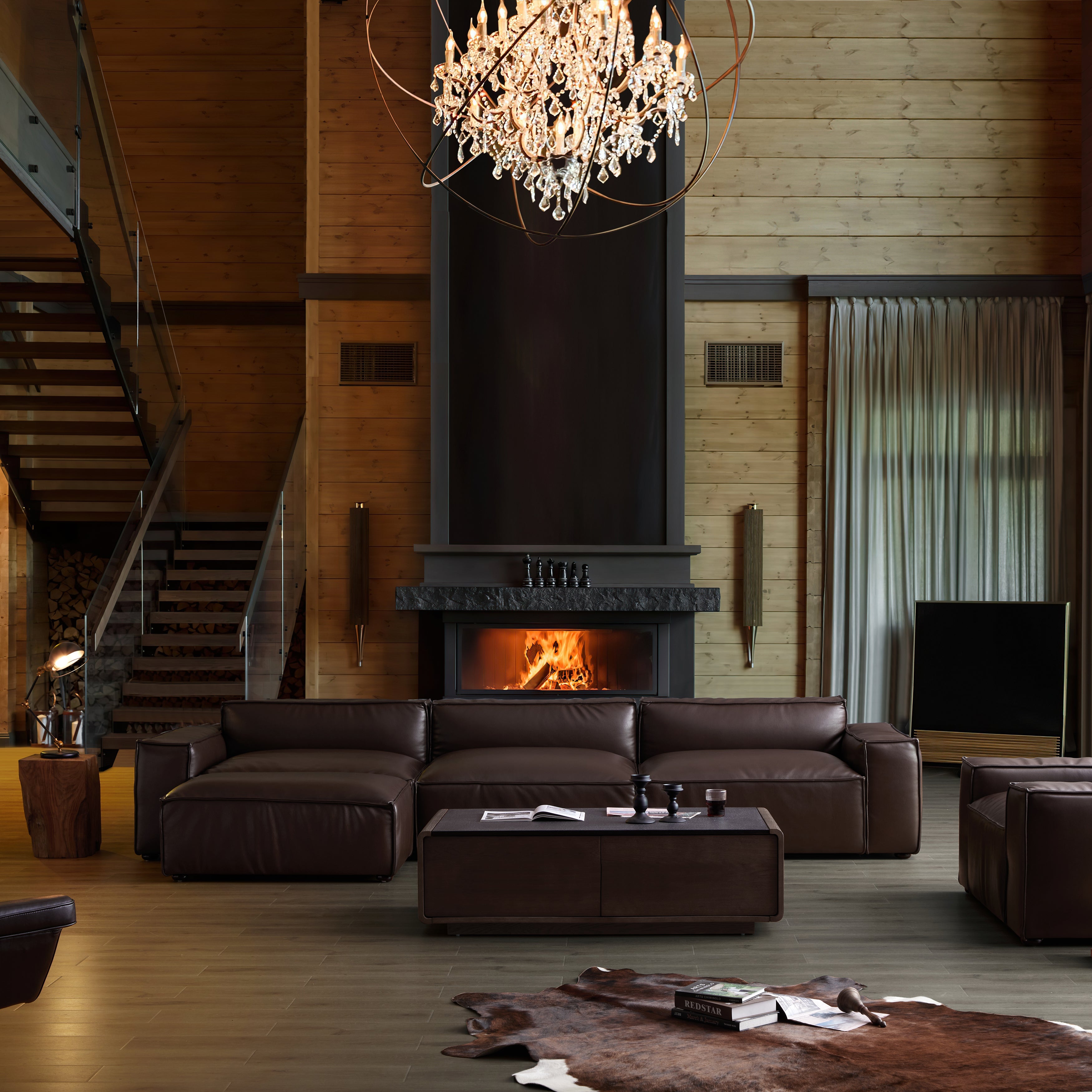 Canapé et pouf de luxe minimalistes en cuir marron foncé