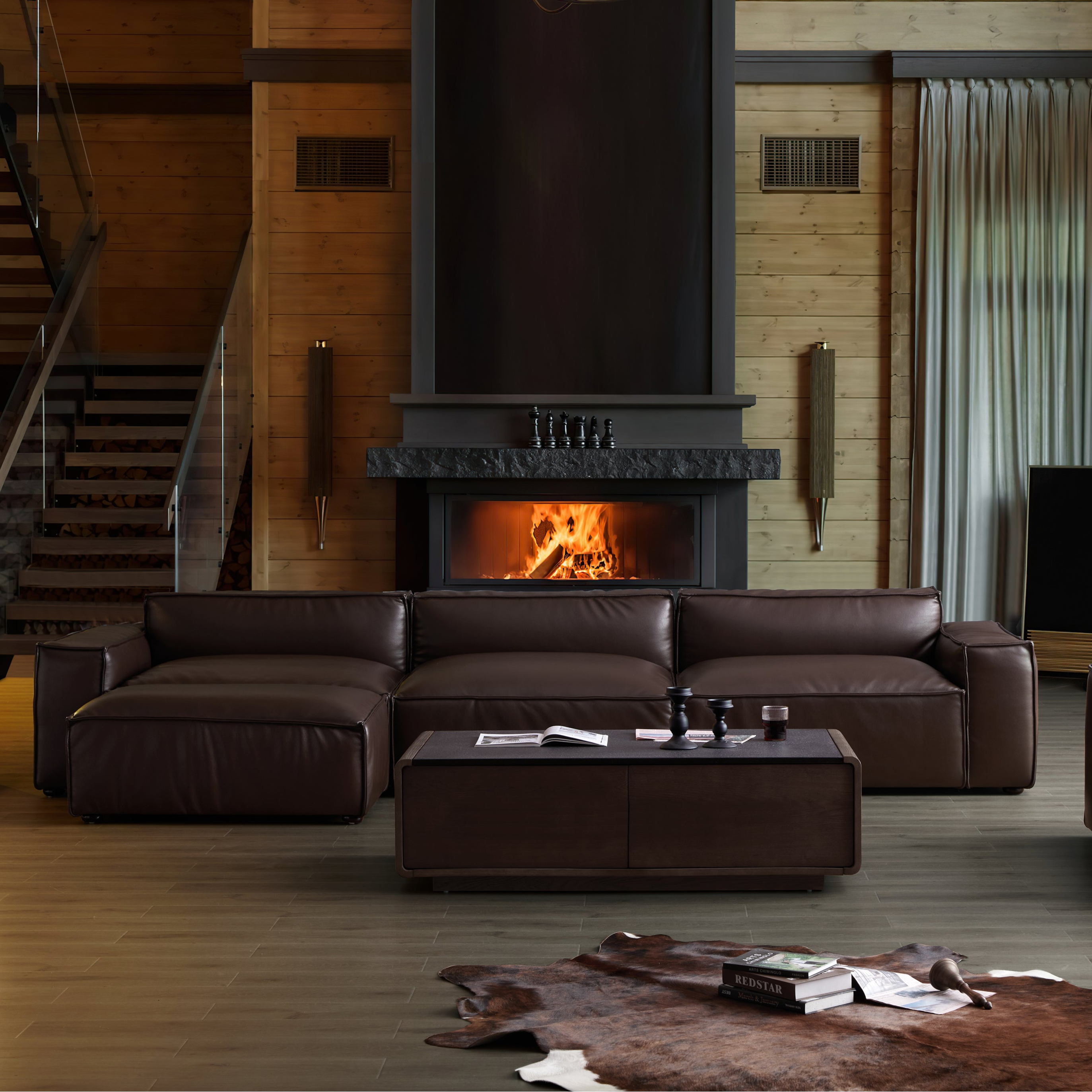 Canapé et pouf de luxe minimalistes en cuir marron foncé
