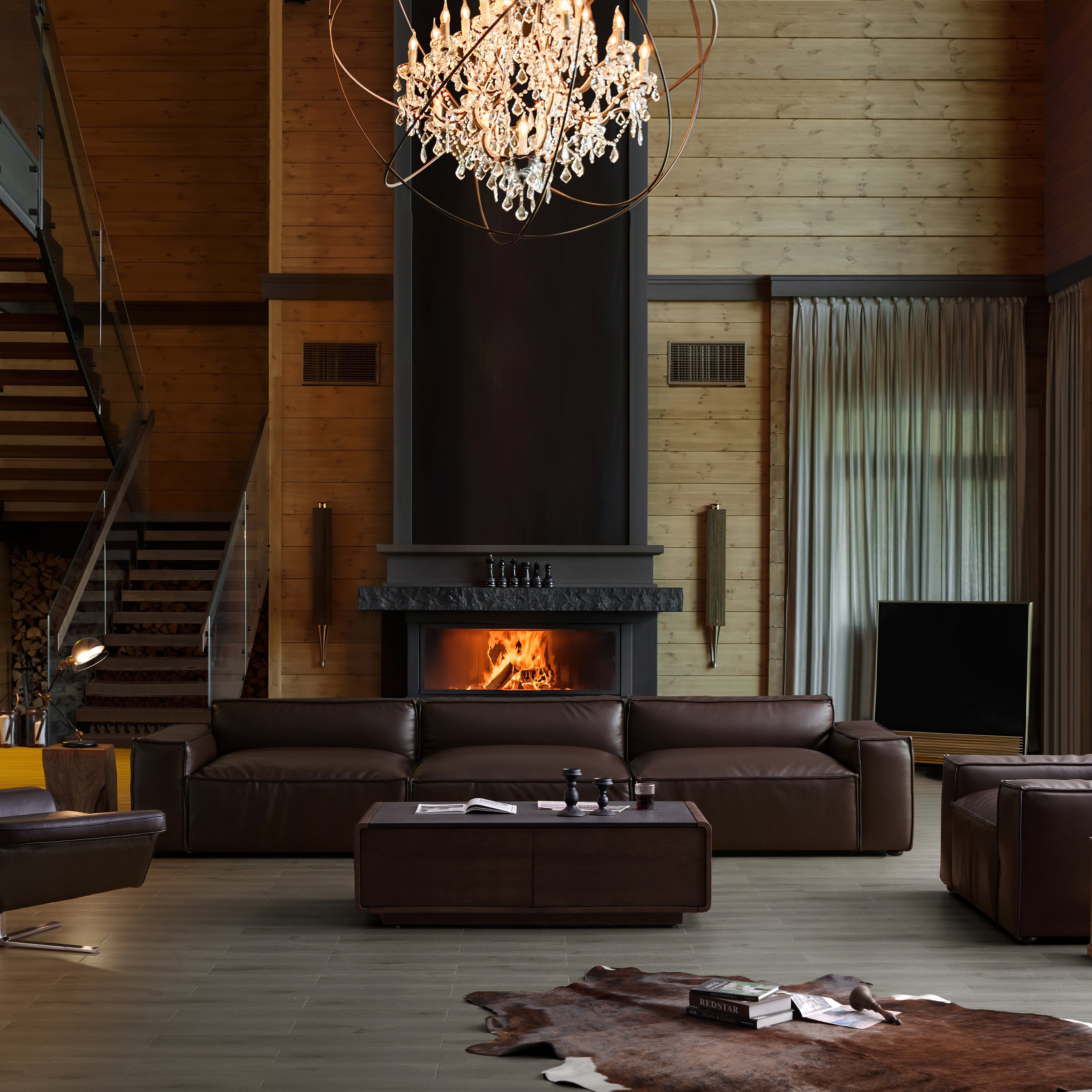 Canapé de luxe minimaliste en cuir marron foncé